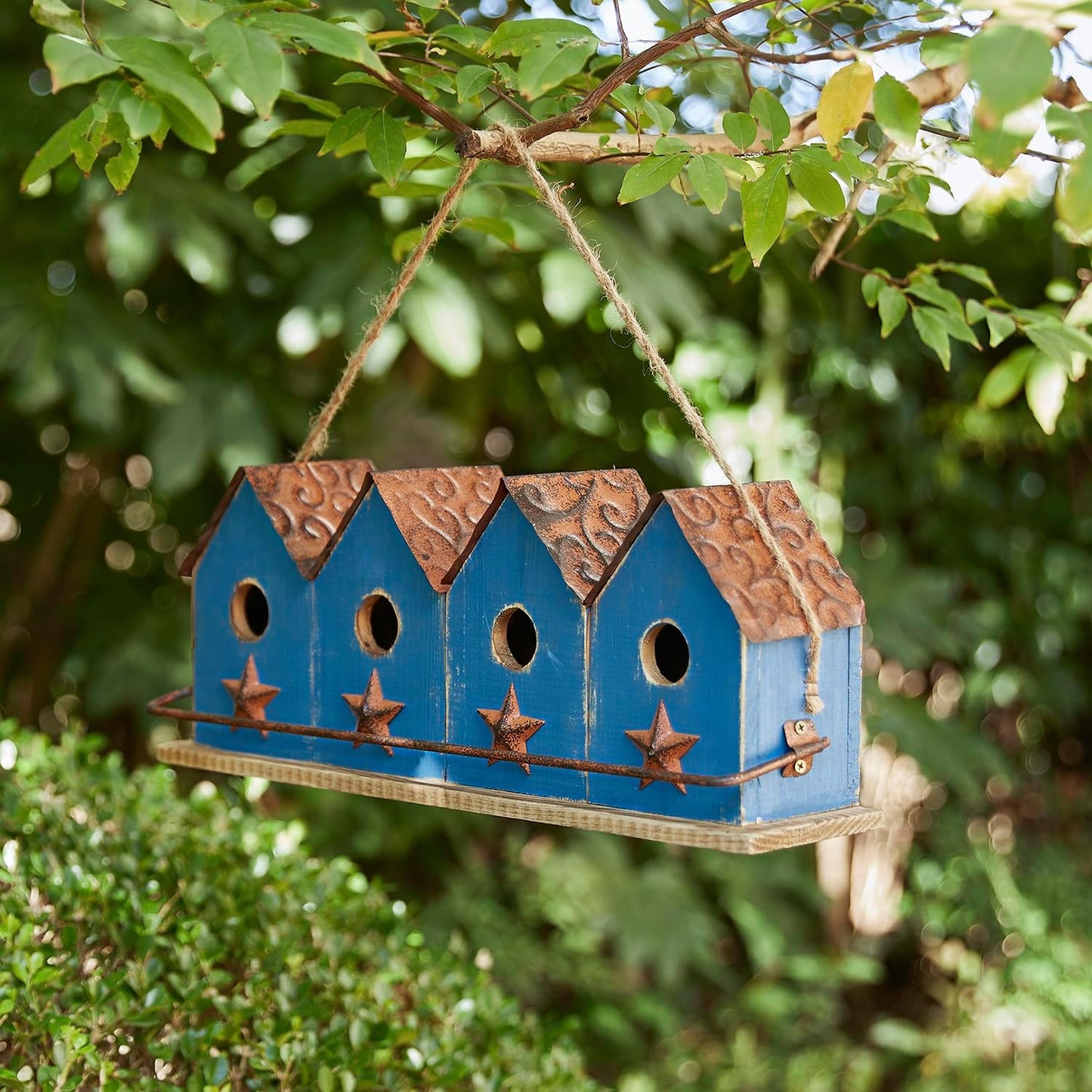 Glitzhome 17" L Distressed Solid Wood Birdhouse with Perch Decorative Garden Hanging Bird House for Outdoors,Retro Blue