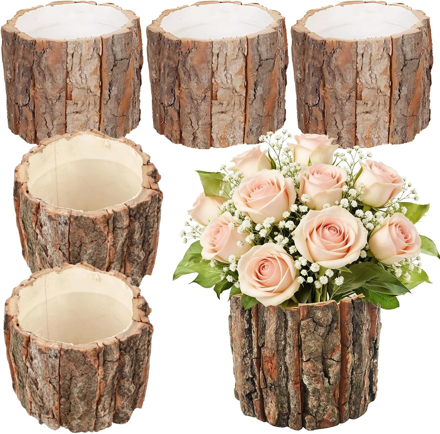 6 Pcs Tree Stump Planter Pot, Rustic Wooden Vases for Centerpieces, 4.9 in Wood Vases with Bark, Decorative Flower Pot for Home Wedding Decor, Pen Holder