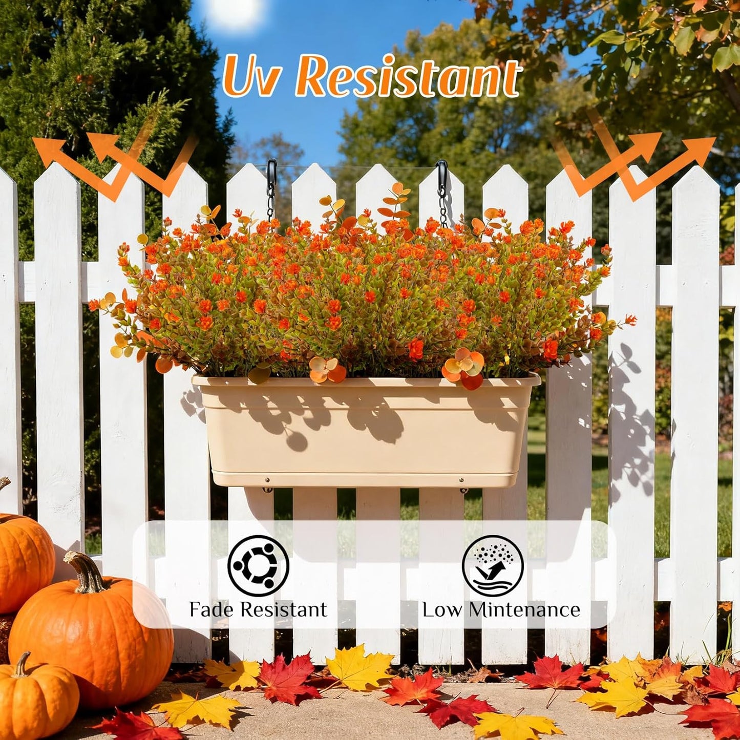 Artificial Fall Flowers for Outdoors - 4PCS Faux Autumn Plants, UV Resistant Fake Eucalyptus Stems with 84 Mini Orange Camellia for Vase Christmas Thanksgiving Wedding Party Garden Decor