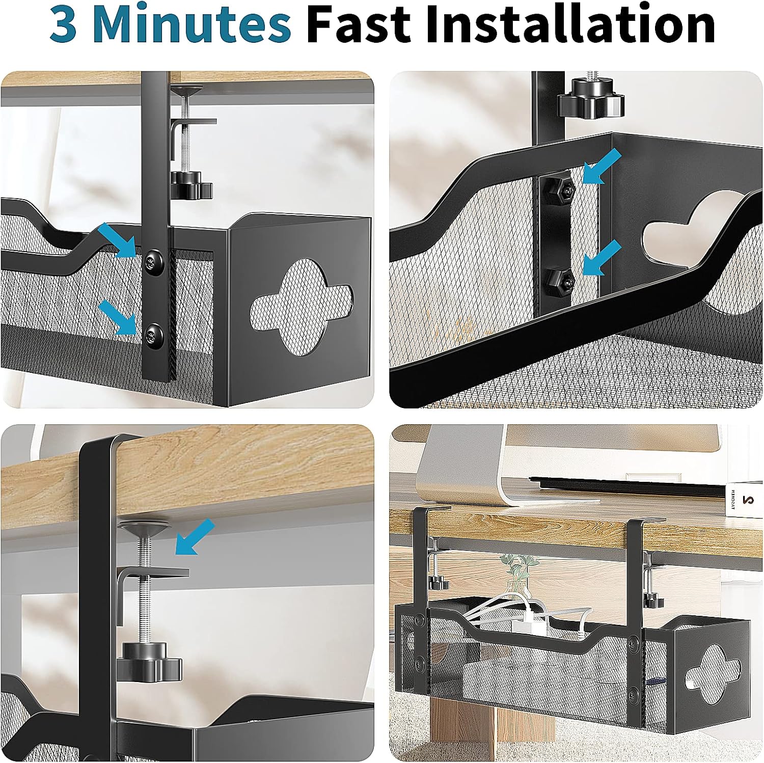 Under Desk Cable Management Tray No Drill, Metal Mesh Cable Management