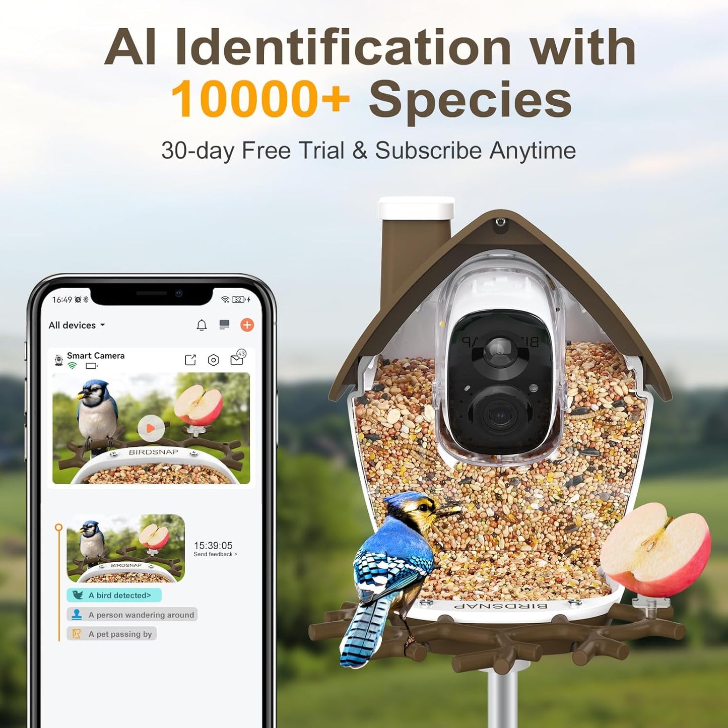 birdsnap® P33 - Smart Bird Feeder with Camera Solar Powered, 2K Video Bird Camera Feeder Live with 32GB Card, AI Identify Feather Species, Auto Record in Backyard, Ideal Gift for Birds Lover