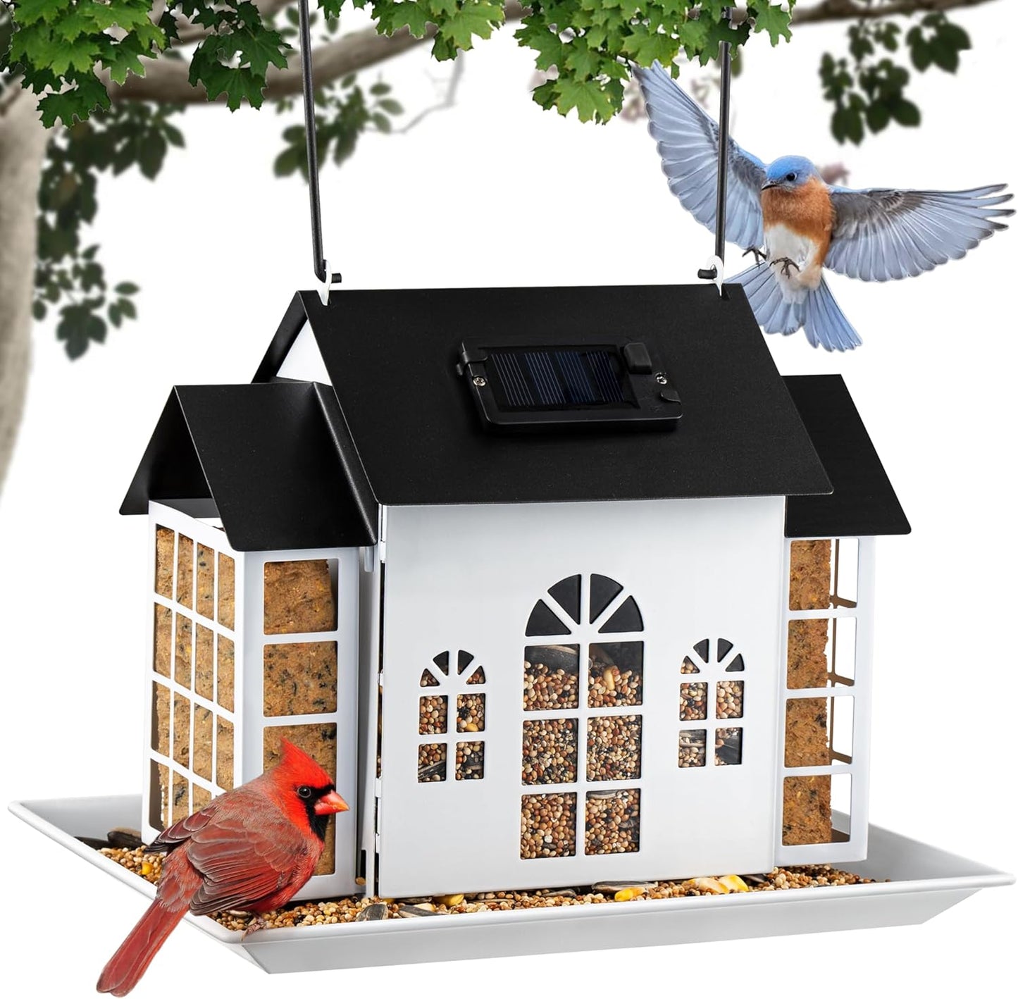 Solar Bird Suet Feeder House for Outdoors Hanging,Solar Metal Large Capacity Birdfeeders Hanging Outside,Cardinal Wild Large Bird Feeder with Suet Cages,Garden Decor,Gift for Mom Grandma
