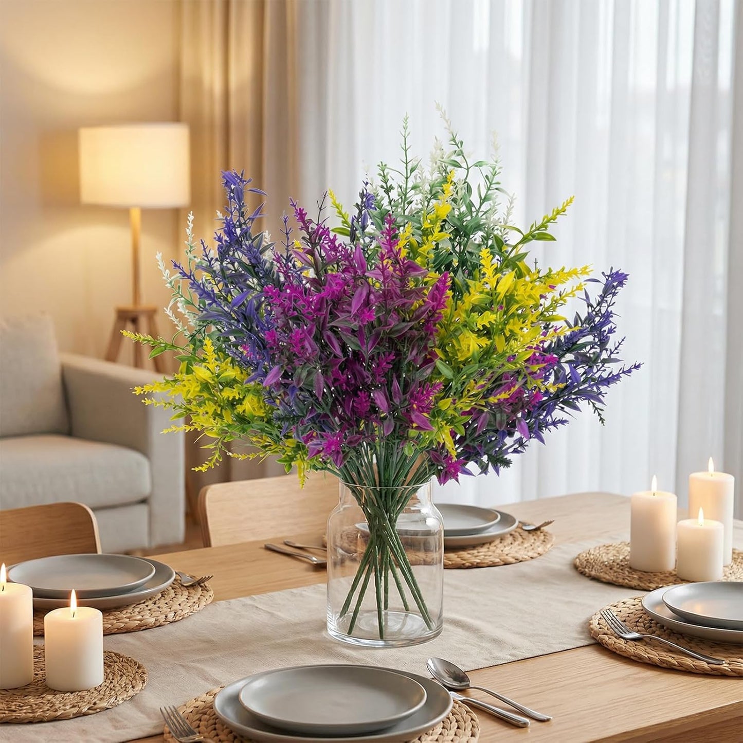 Artificial Flowers Outdoor, Artificial Plants Outdoor for Spring Summer, Lavender Artificial Flowers, for Garden, Porch, Patio, Window Box, Wedding (8, Purple, Fuchsia, White, Yellow)