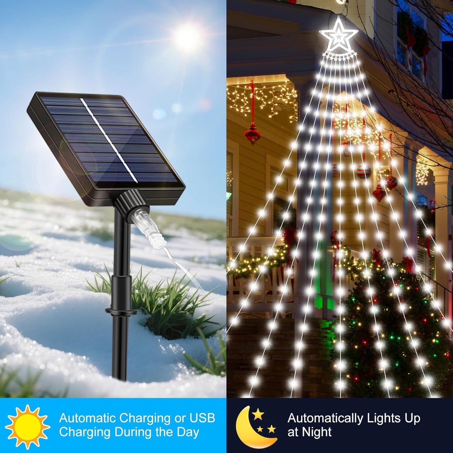 Solar Christmas Decorations Tree Lights Outdoor, 18.37ft 532LED Waterfall String Lights with 8 Modes Timer Remote Xmas Lights USB Powered for Garden Yard Patio Home Holiday Party Decor, Pure White