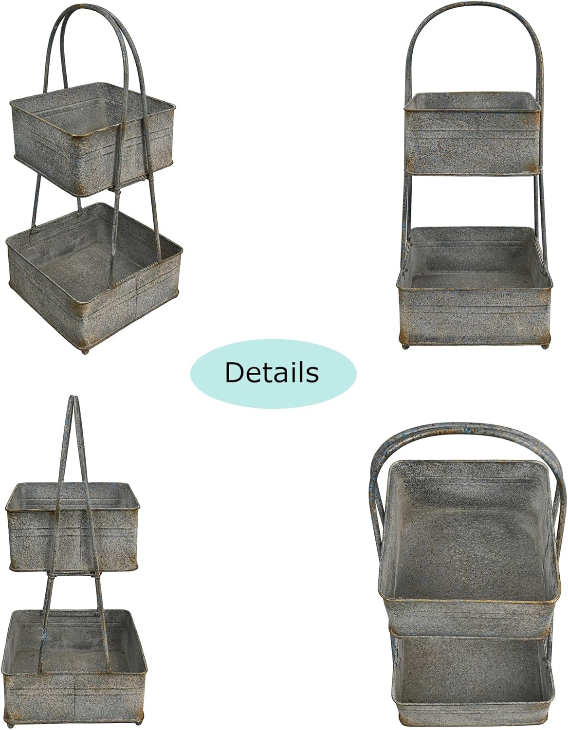 2-Tier Vintage Metal Storage Basket Farmhouse Distressed Double-Layer Kitchen Counter Organizers Rustic Organizing Bin for Kitchen Pantry (Gray)