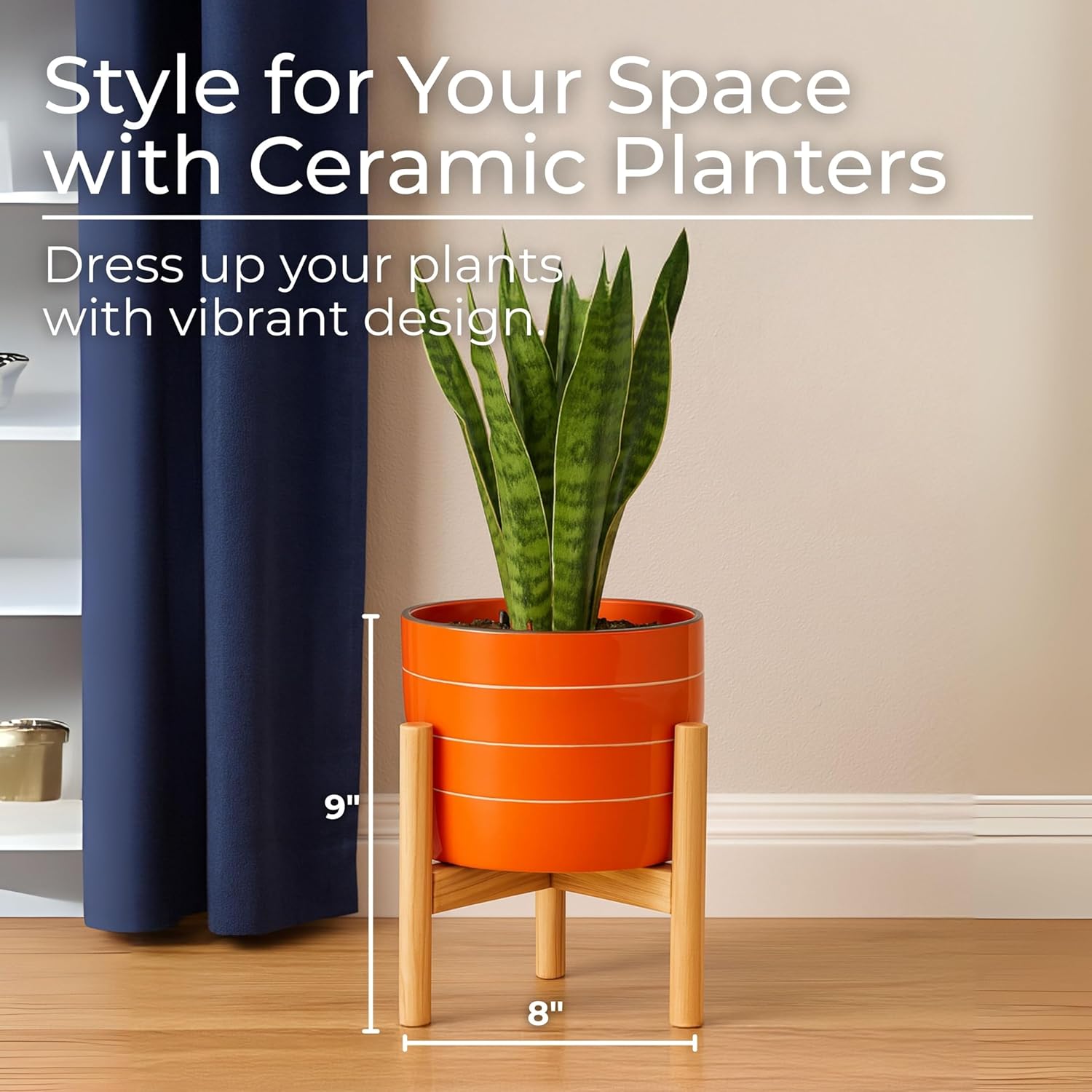 Striped Decorative Planter Pot with Wood Stand – Vibrant Ceramic Stone