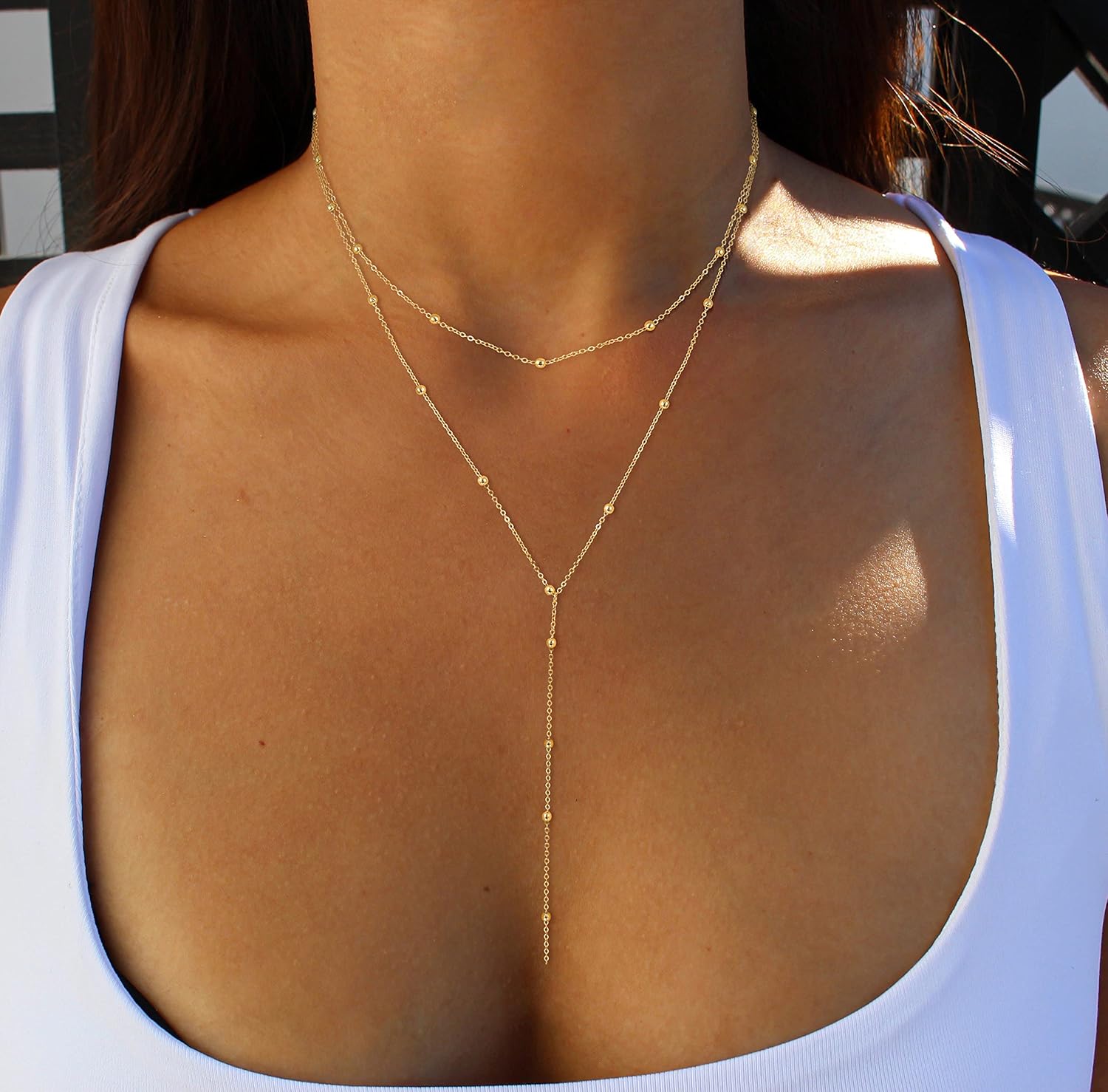 Foxgirl Lariat Gold Necklace for Women, Dainty Long Necklace 14k Gold 