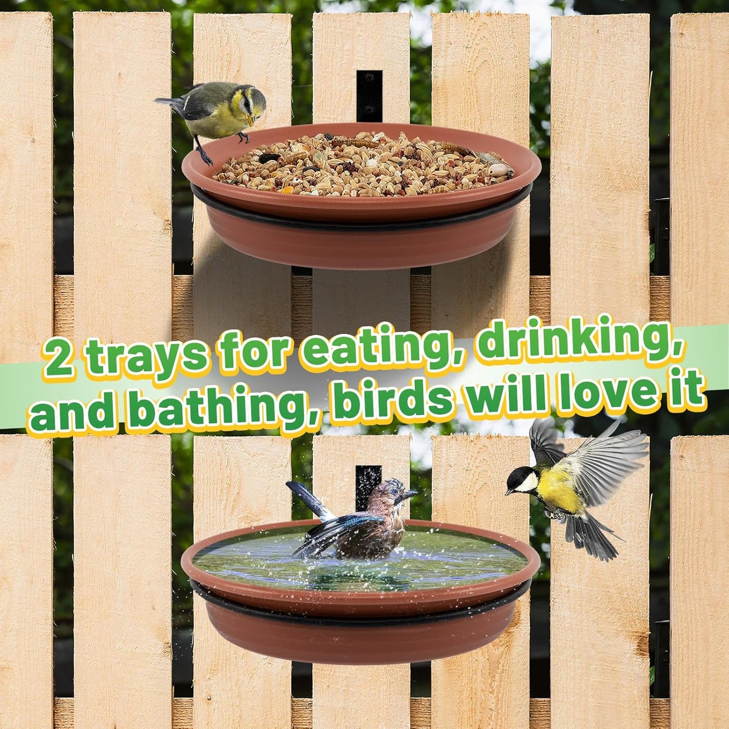 Fence Bird Feeders Tray - 2pcs Tree Mounted Wild Bird Bath for Outdoors Place Food Water, Installed on Wooden Deck Fence with Heavy Duty Iron Ring, 8.3'' Dia. (Brown)