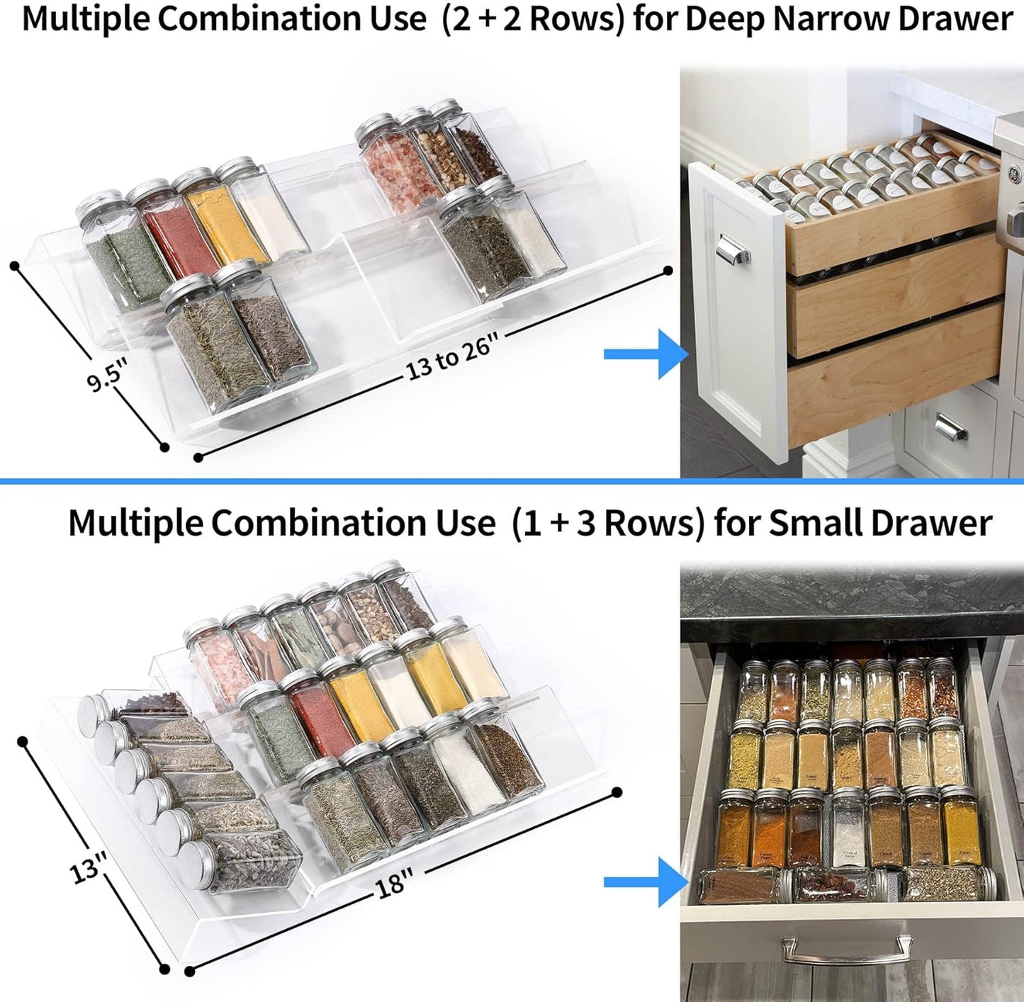 MIUKAA Clear Acrylic Spice Drawer Organizer, 4 Tier- 2 Set Expandable 