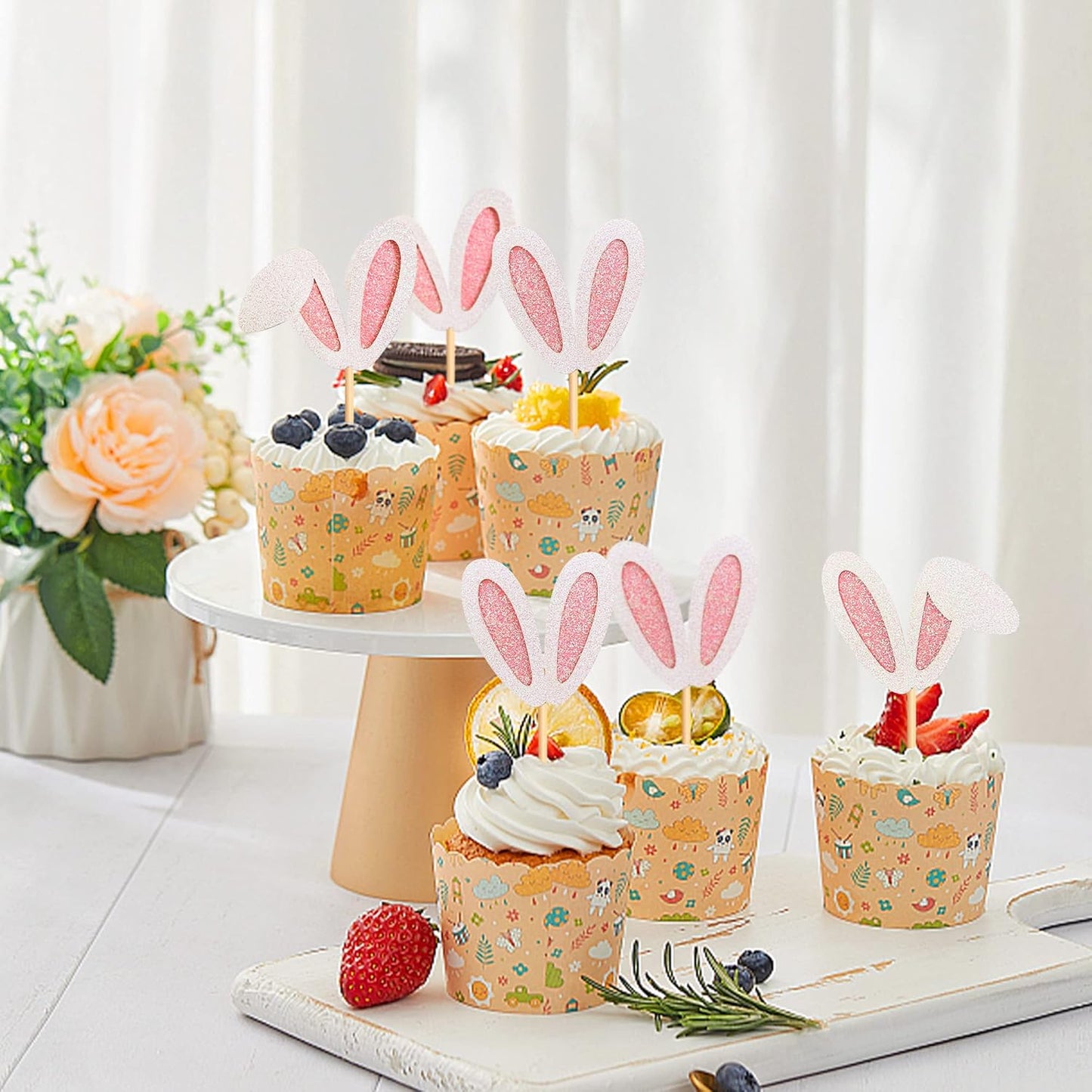 Ercadio 24 Pack Easter Bunny Ear Cupcake Toppers Glitter Pink Rabbit Ears Cupcake Picks Easter Bunny Cupcake Decors Rabbit Cake Toppers for Kids Girls Birthday Baby Shower Party Supplies
