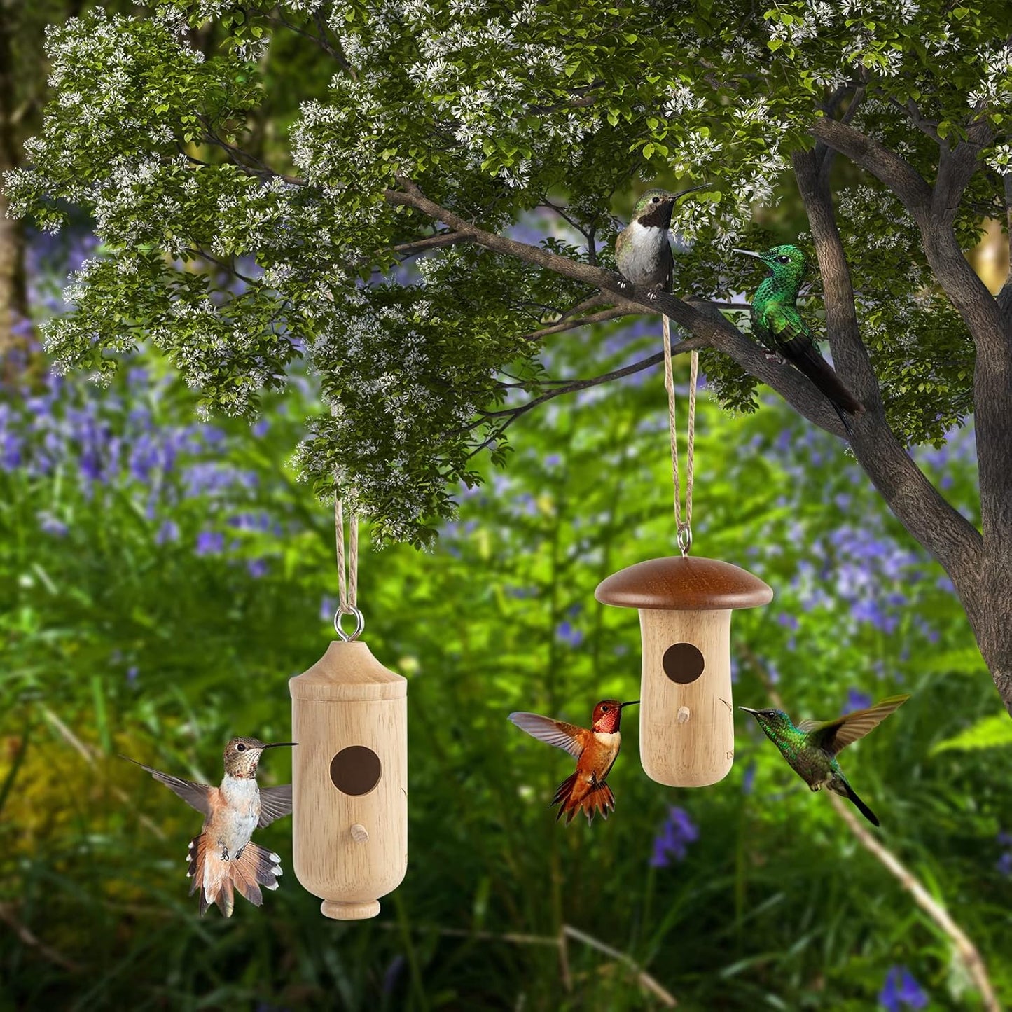 Hummingbird House 2-Pack for Outdoor Garden, Wooden Hummingbird Houses for Outside for Nesting, Birdhouses for Outside, Home Garden Decoration, Gardening Gifts (Attract Hummingbirds to Yard/Patio)