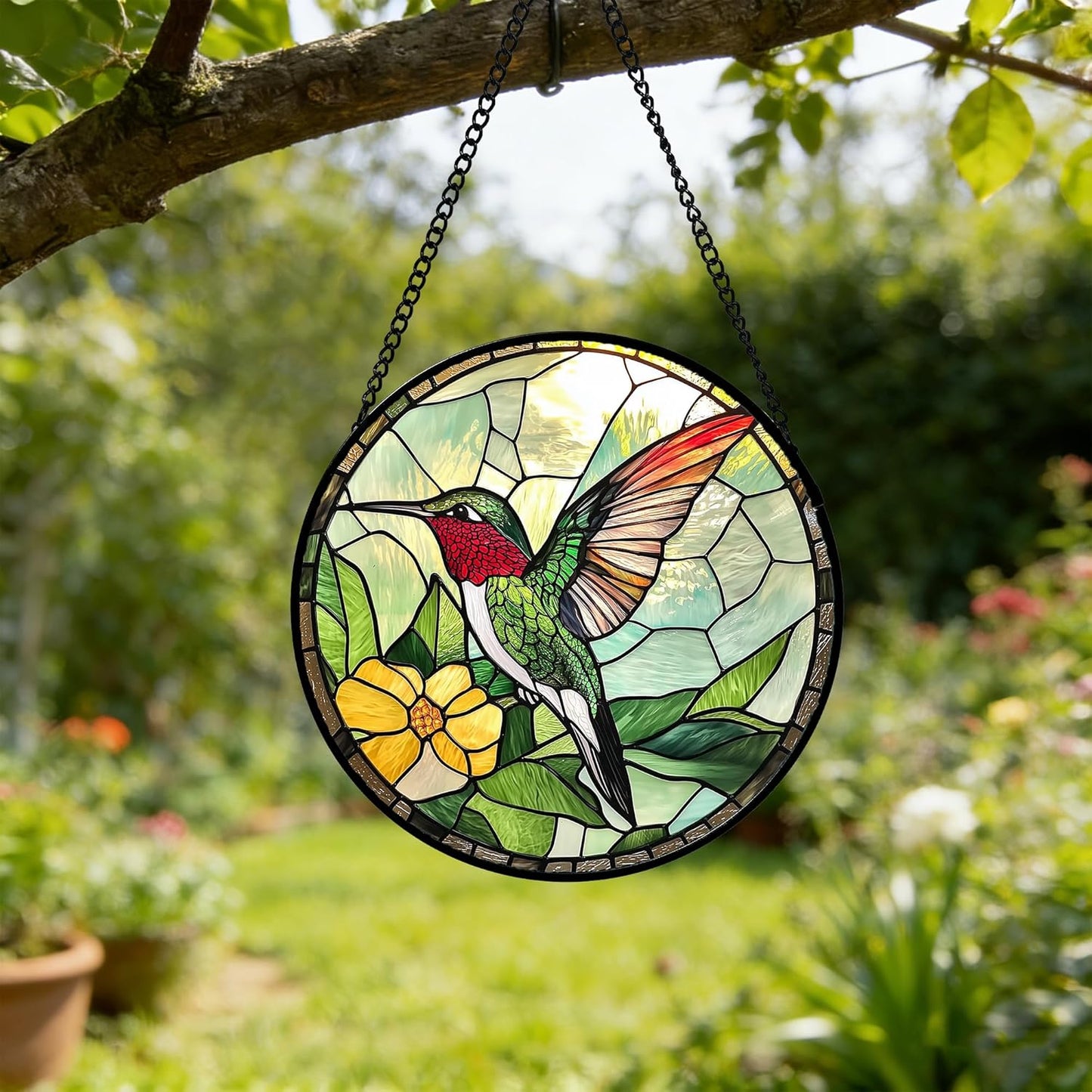 Stained Glass Window Hanging, Green Hummingbird Sun Catcher for Door Home Decor, Birds Suncatcher Christmas Mother's Day Birthday Gifts for Bird Lovers Women Men Mom and Nana 7.8 in