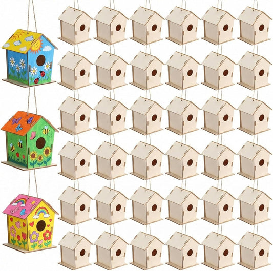 DoubleFill 48 Pcs 4.33" Wooden Bird Houses Bulk for Kids DIY Unfinishe
