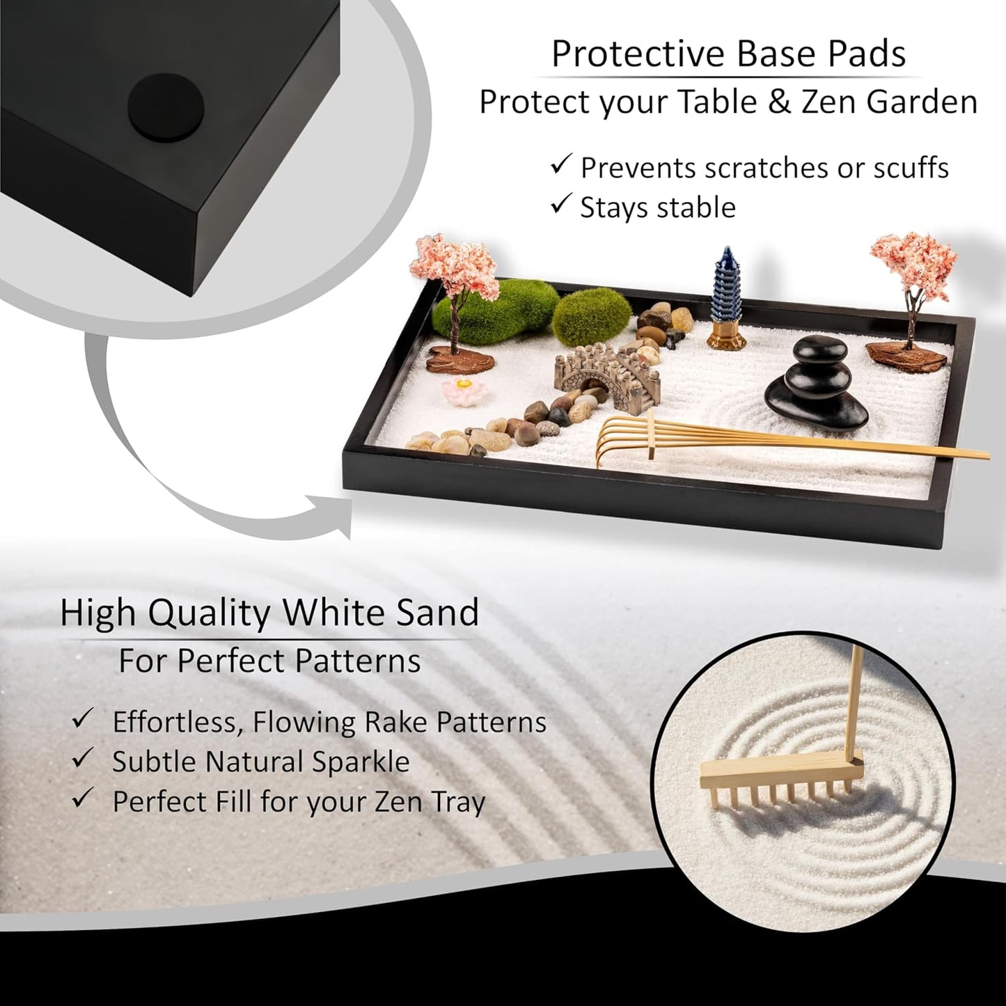 Zen Garden Kit 11x8in. Beautiful Japanese Decor Mini Rock Feature Gift Set for Home, Office Desk. Zen Sand Garden, 6 Tools, 15 Accessories. Sand Tray Therapy Desktop Meditation Room