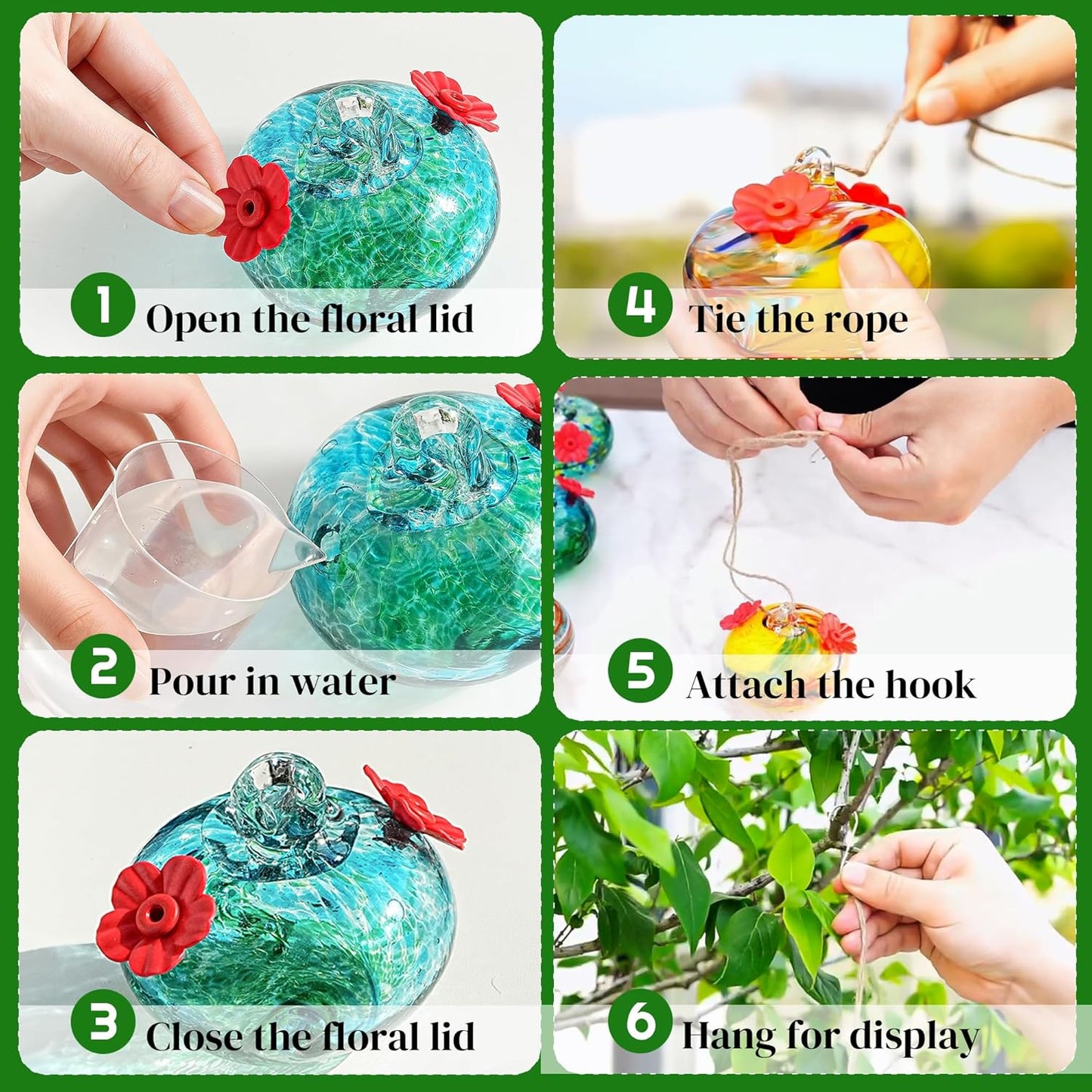 kanpura 6 PCS Hummingbird Feeders for Outdoors Hand Blown Glass Hummingbird Feeder with 2 Flower Feeding Ports Never Fade, Gardening Gifts for Woman Man