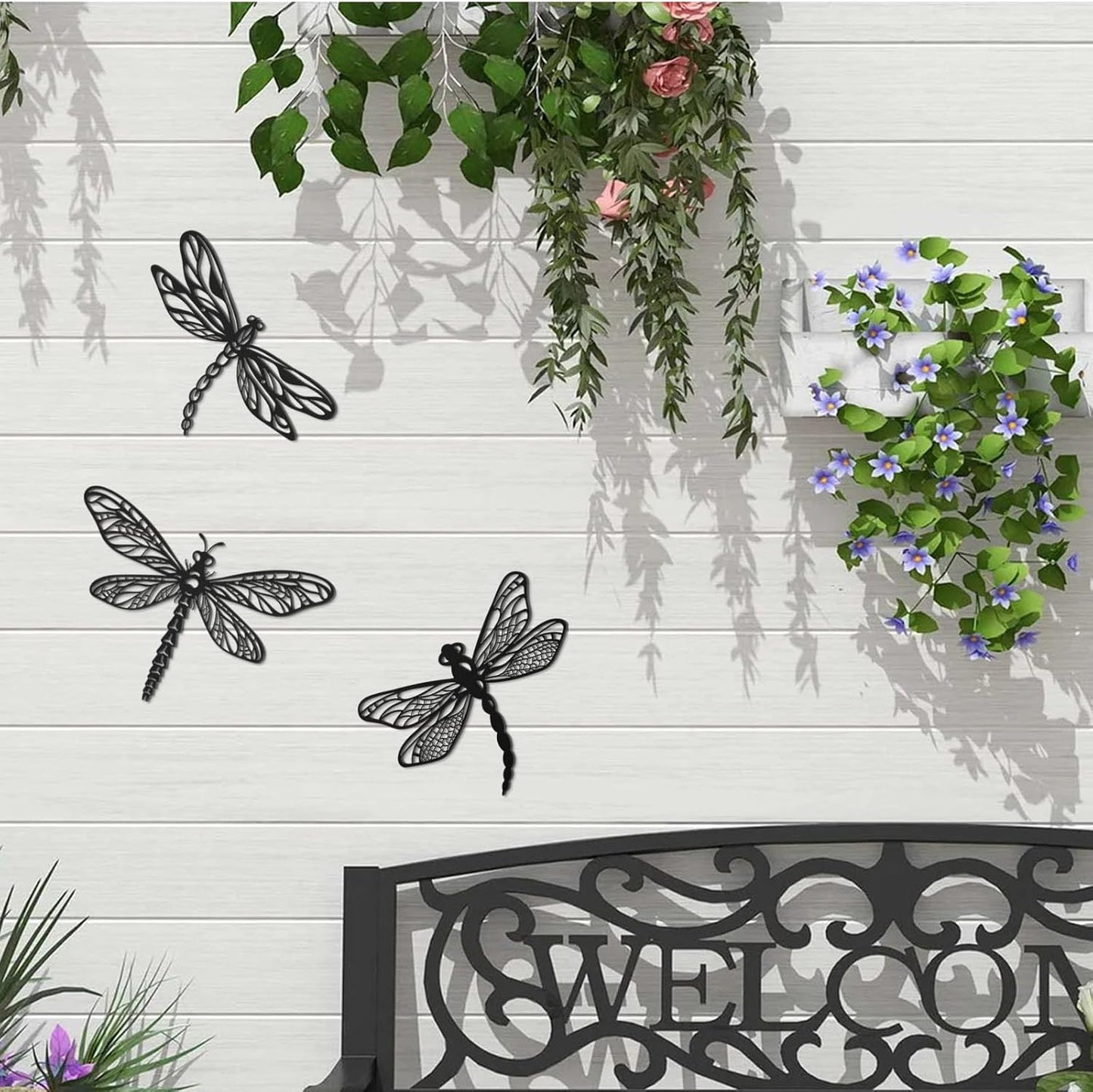 KOYILTD 3 Pieces Unique Dragonfly Wall Decoration Black Metal Garden W
