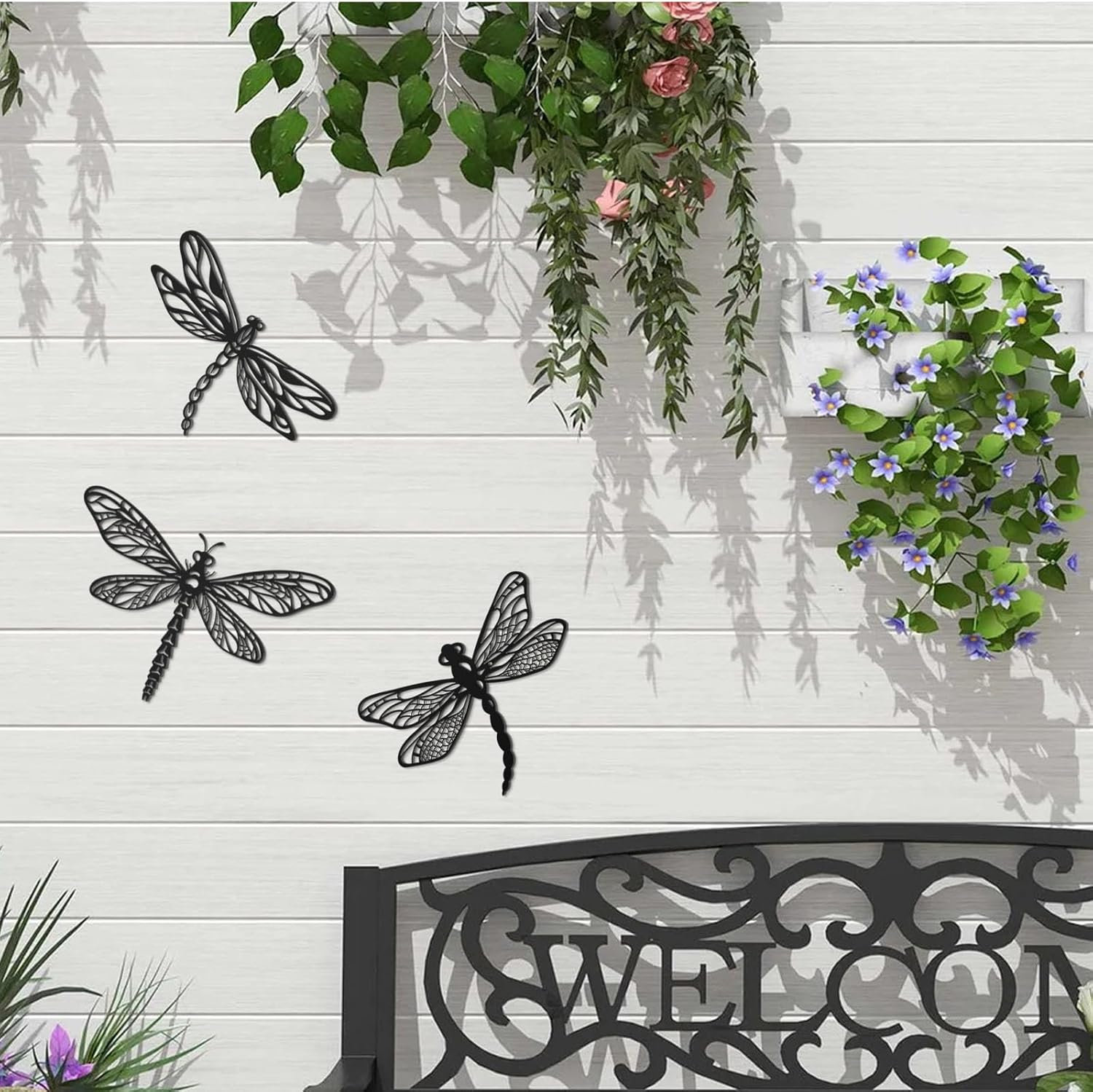 KOYILTD 3 Pieces Unique Dragonfly Wall Decoration Black Metal Garden W