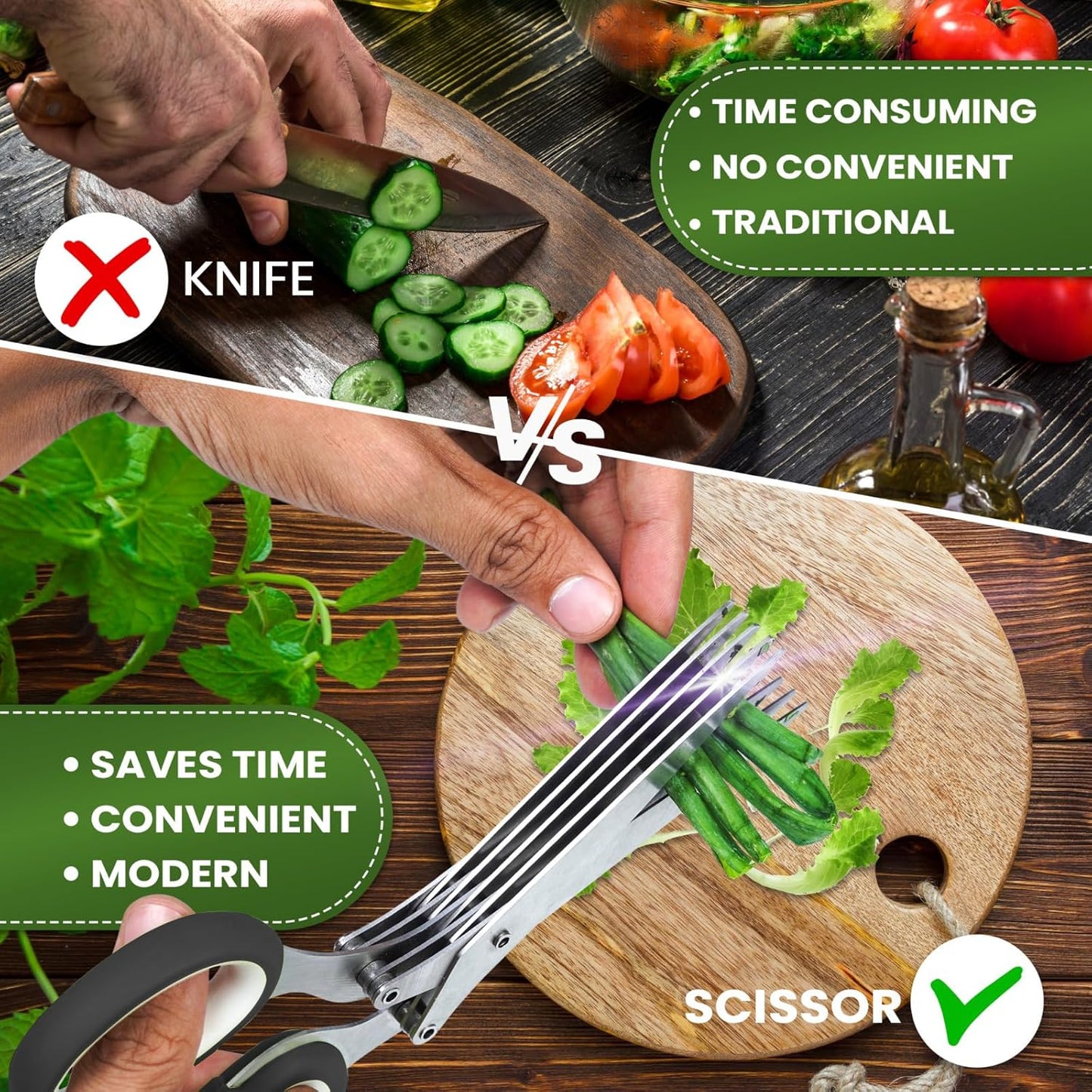 KitchShears Herb Scissors with 5 Blades and Cover - Premium Quality Stainless-Steel Herb Cutter for Kitchen & Garden Herbs - With safety Cover and Cleaning Comb - Dishwasher Safe & Easy to Clean