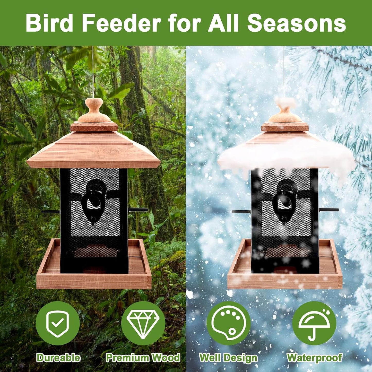 Cedar & Metal Mesh Bird Feeder for Outdoors Hanging Mount Large Capaci