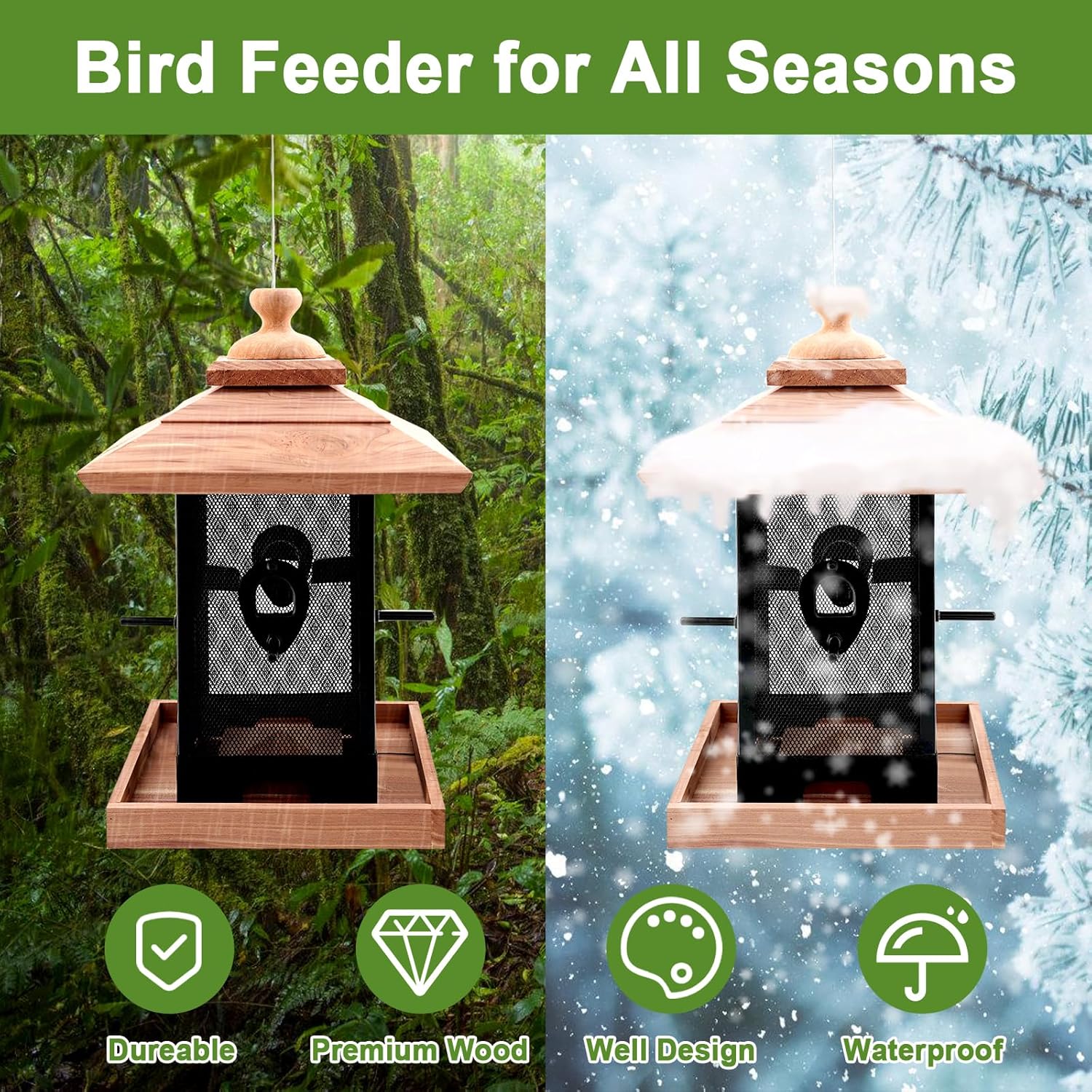 Cedar & Metal Mesh Bird Feeder for Outdoors Hanging Mount Large Capaci