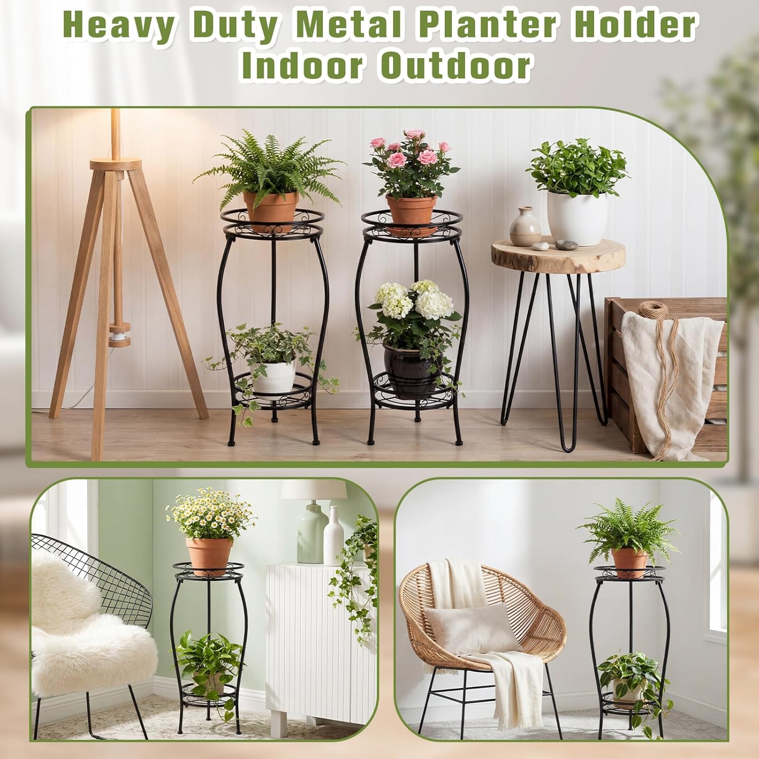 Tandefio 2 Pack Plant Stand Indoor Outdoor 2 Tier 27" Black Metal Pott