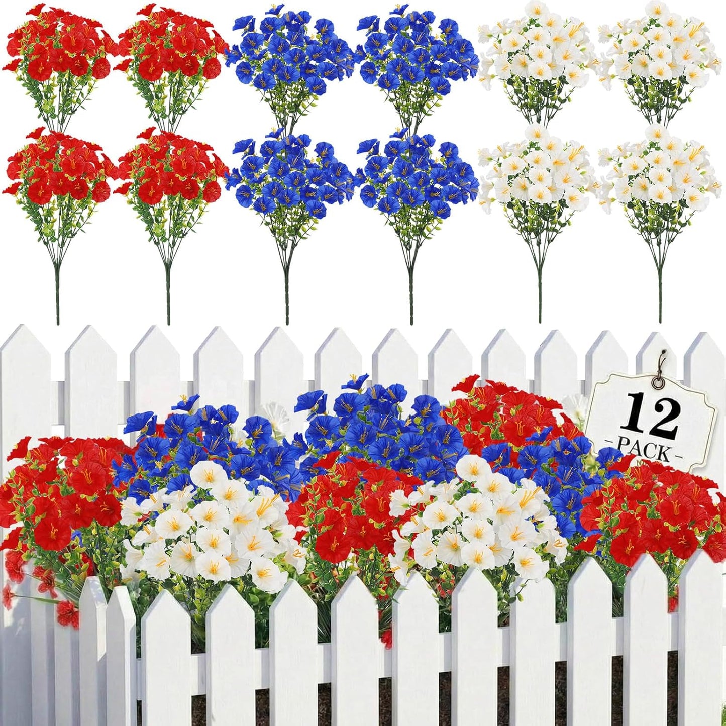 Dingion 12 Pcs Red White Blue Artificial Flower Petunias UV Resistant Patriotic Outdoor Decoration for July 4th Independence Day National Day Short Stem Plastic Flowers for Pot Window Planter Garden