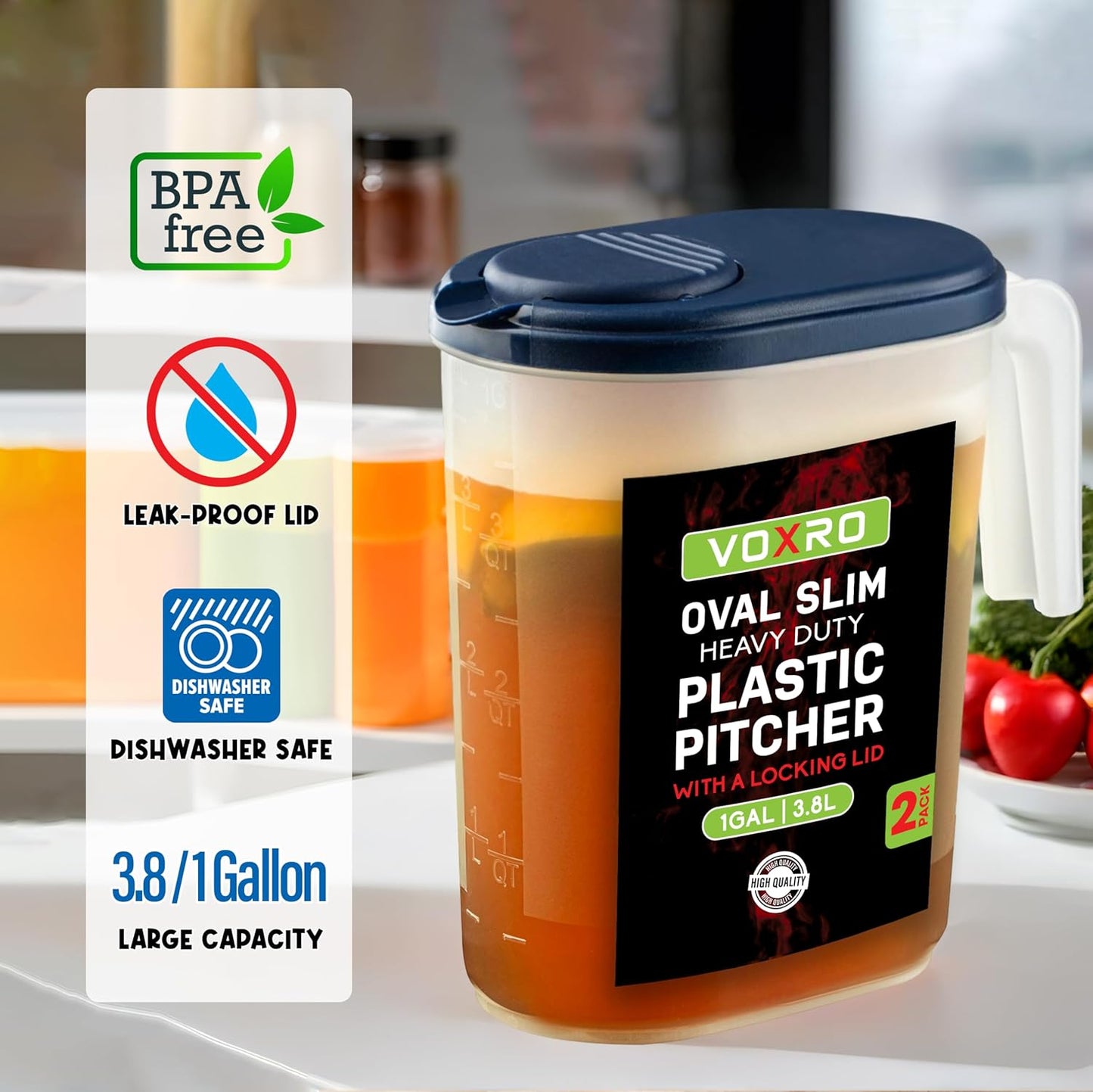 2-Pack Oval Slim Plastic Pitchers With Lids – 1 Gallon, Flip-Top Pivot
