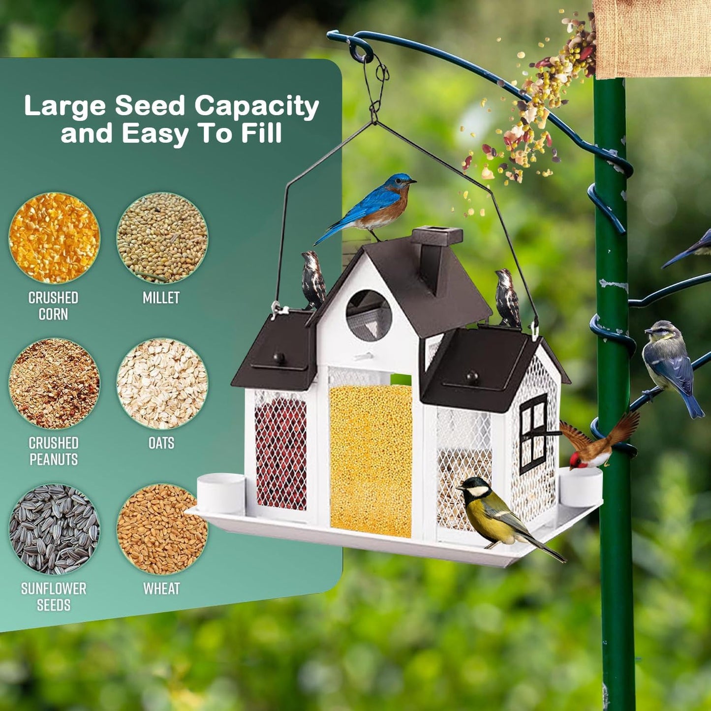 Solar Bird Feeders for Outdoors,Bird House Feeder,Hanging Metal Mesh Wild Window Large Finch Cardinal Nest Houses Garden Decoration Squirrel Proof (White)
