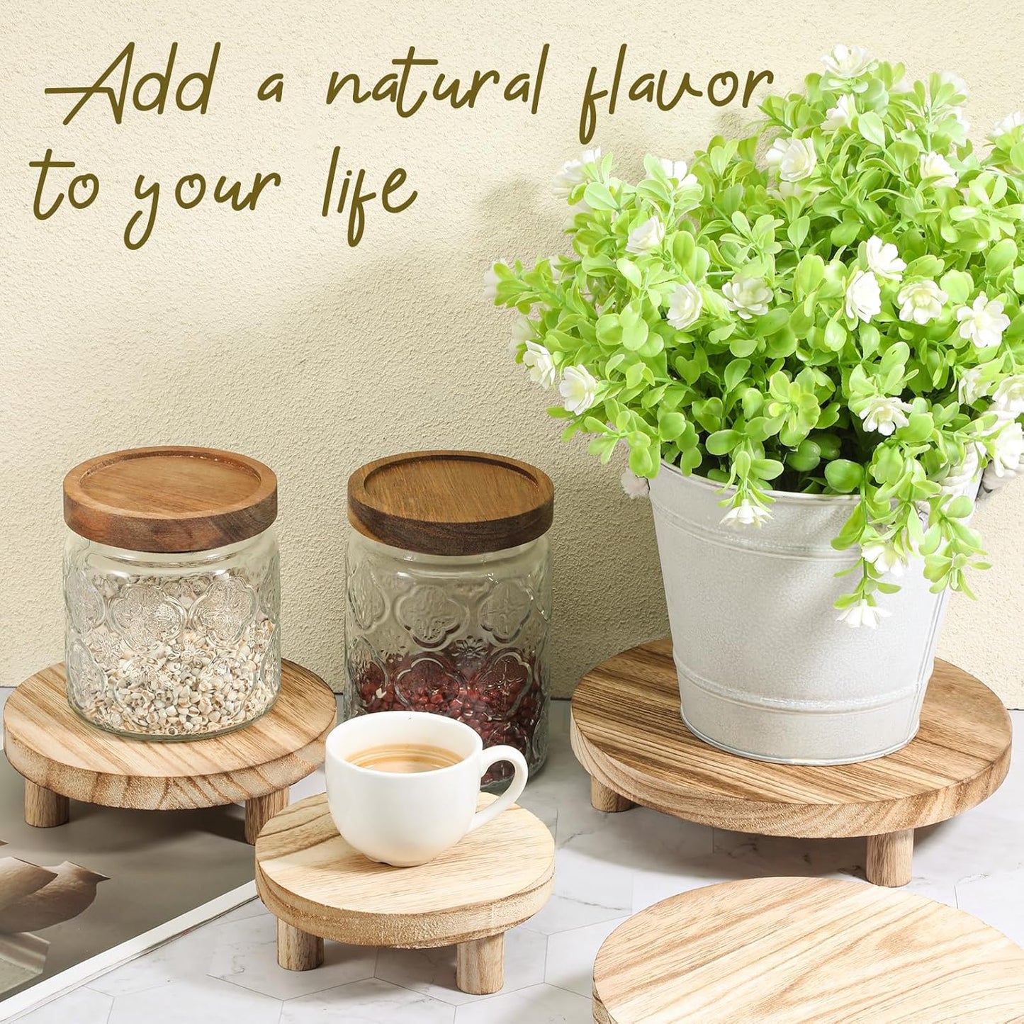 4 PCS Wooden Risers for Display, Wood Stool Round Pedestal Stand 8/7/6/5 Inch Mini Rustic Tiered Tray Riser Flower Pot Small Planter Holder for Home Kitchen Desktop Counter Room Patio Décor