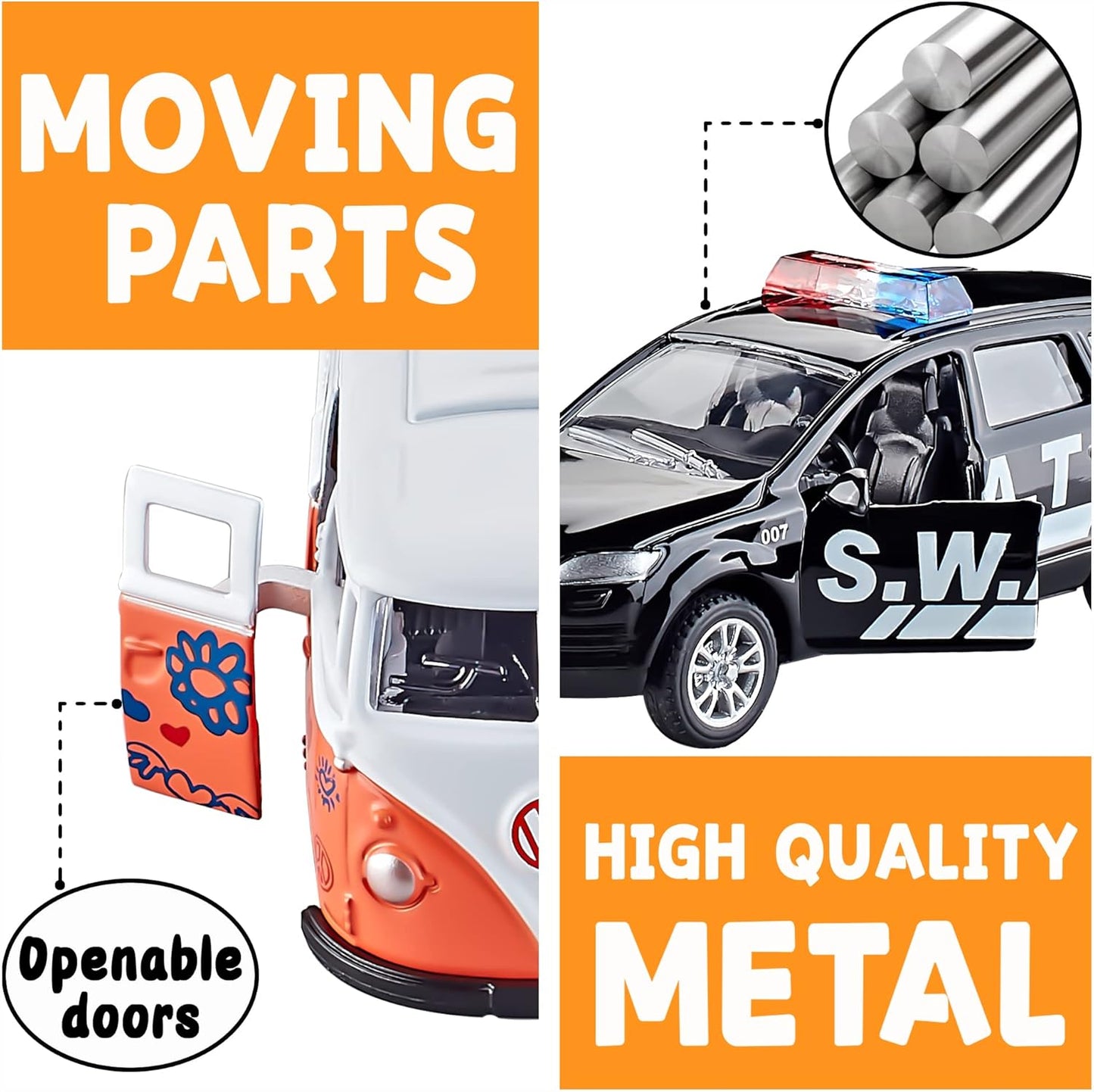 KIDAMI Die-cast Metal Toy Cars Set of 5, Openable Doors, Pull Back Car