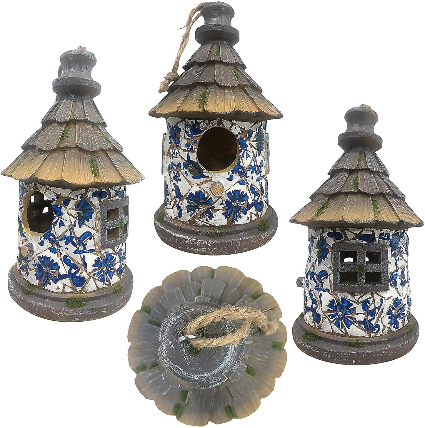 Bird House for Outdoor with Pole Garden Decor Hanging Birdhouses Weatherproof BirdNest for Outside Bluebird, Finch, Wren, Chickadee, Wild Birds Big Size Resin White Bule