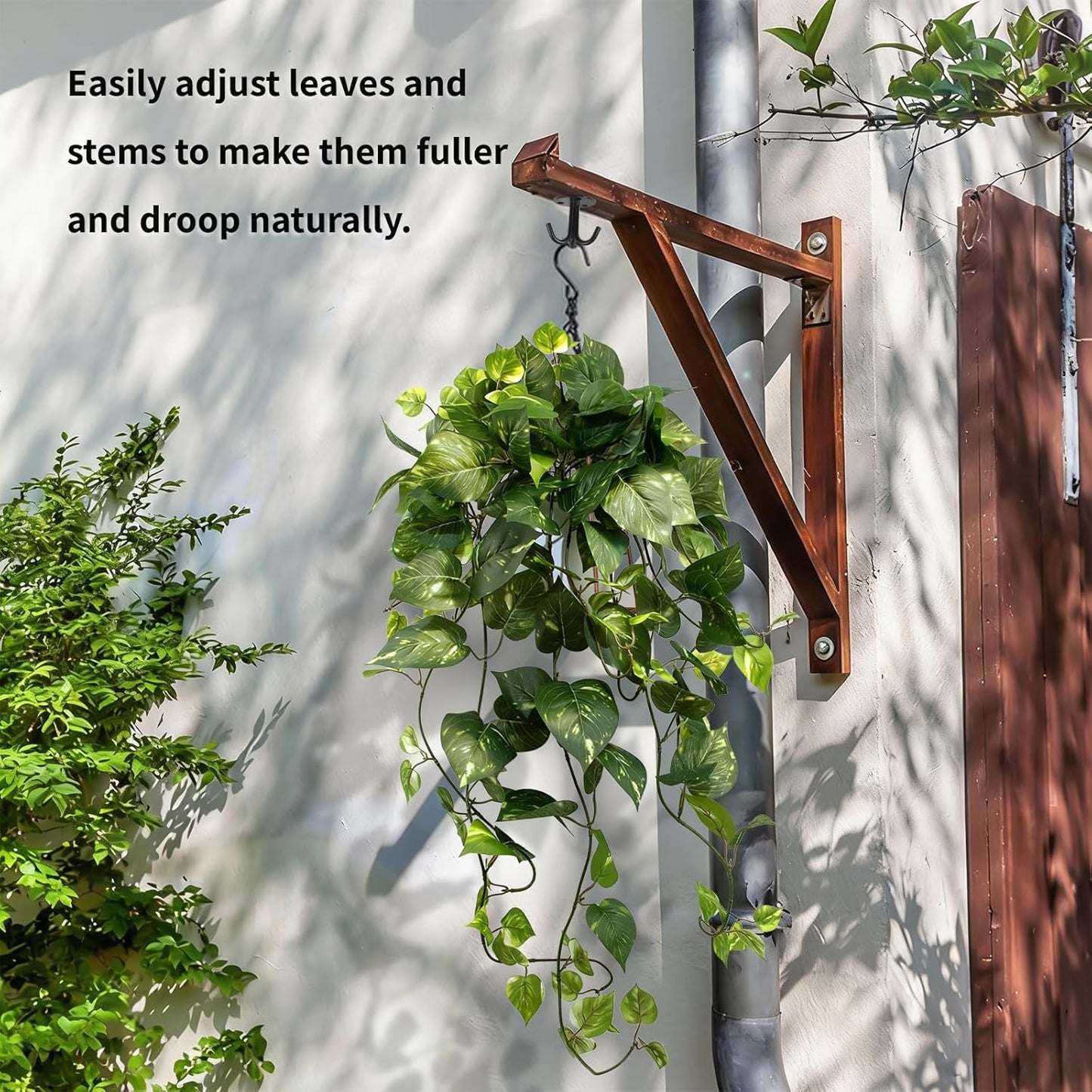 LOYWREE Artificial Plants Fake Pothos in Plastic Pot - Artificial Scindapsus Aureus Faux Potted Plant with Trailing Vines for Indoor Outdoor Decor, Home Office Bedroom Shelf Decoration（White Pot）