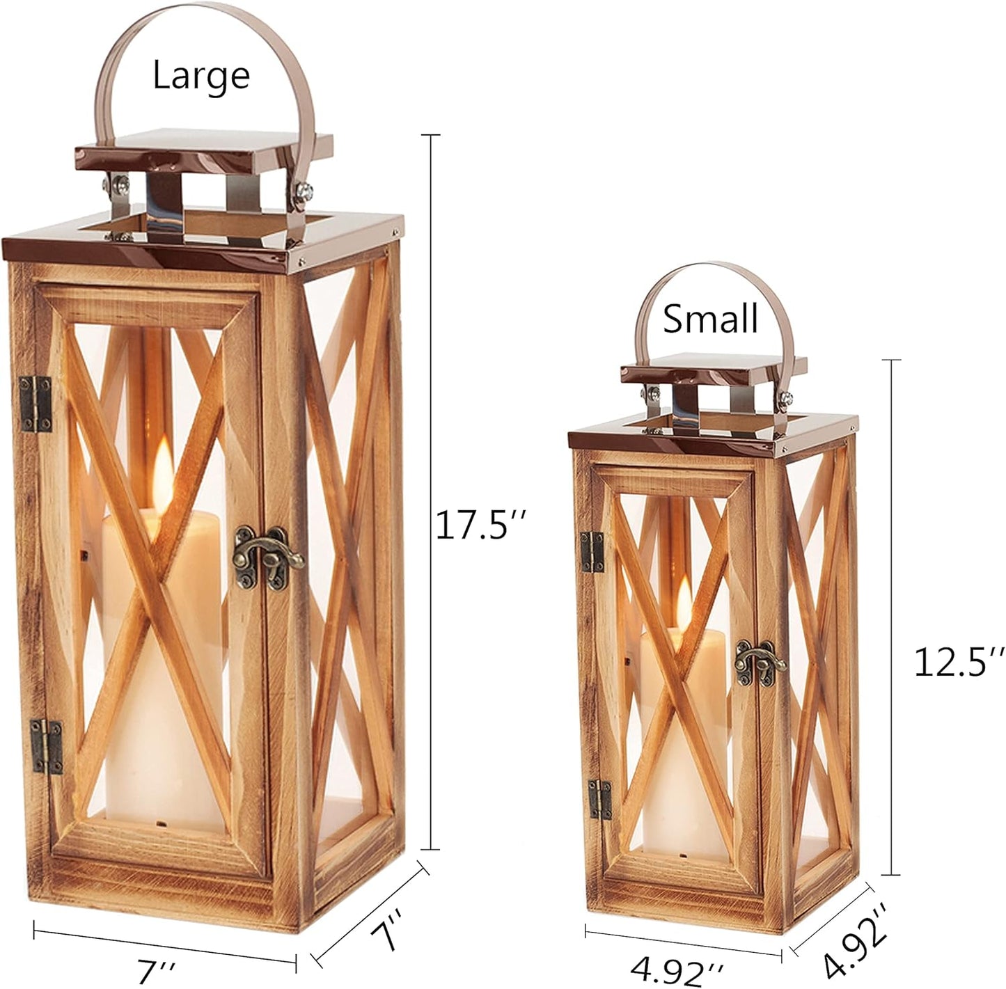 Wooden Candle Lantern Decorative Set of 2, Patio Decor with Stainless 