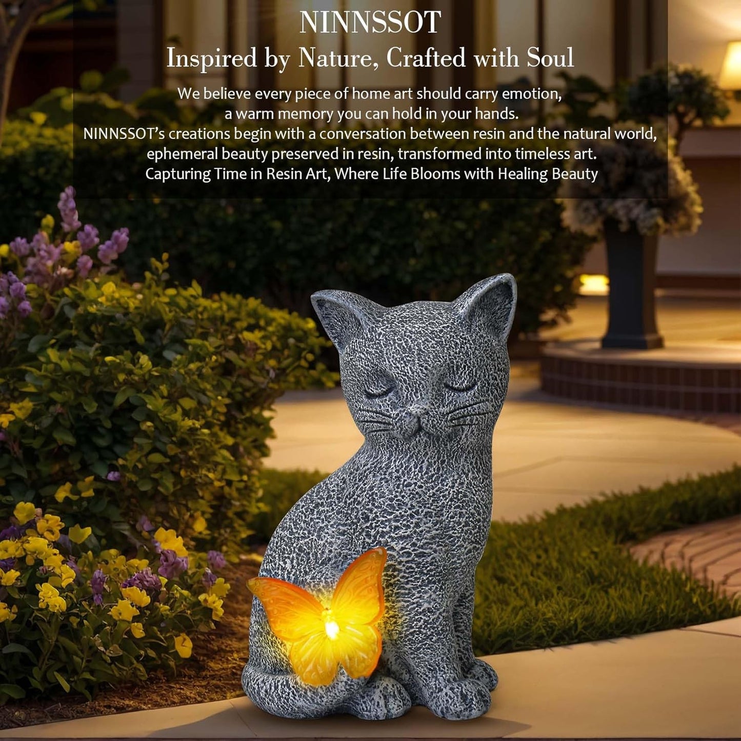 Solar Cat Garden Decor with Butterfly Light, Outdoor Decor Statues Yard Art Decorations Lawn Porch Patio Balcony, Gardening Gifts Birthday Choice for Cat Lover Women, Mom, Grandma