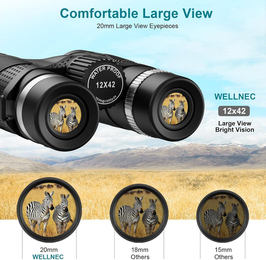 Binoculars for Adults Hunting Bird Watching - WELLNEC 12x42 HD 367/1000yds Binoculars High Powered with BaK4 Prisms Pro Birding Bird Watching Hunting Binoculars, Phone Adapter, Tripod
