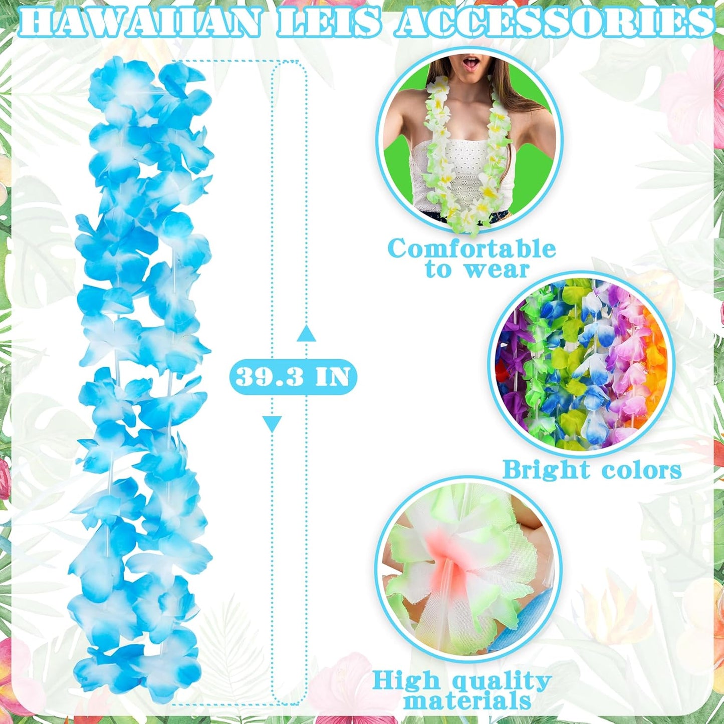 24pcs Hawaiian Leis Bulk Luau Party Silk Flower Necklace Colorful Tropical Hawaiian Bulk Hula Dance Party Decor Flower Leis Summer Beach Pool Party Decorations Favors Supplies