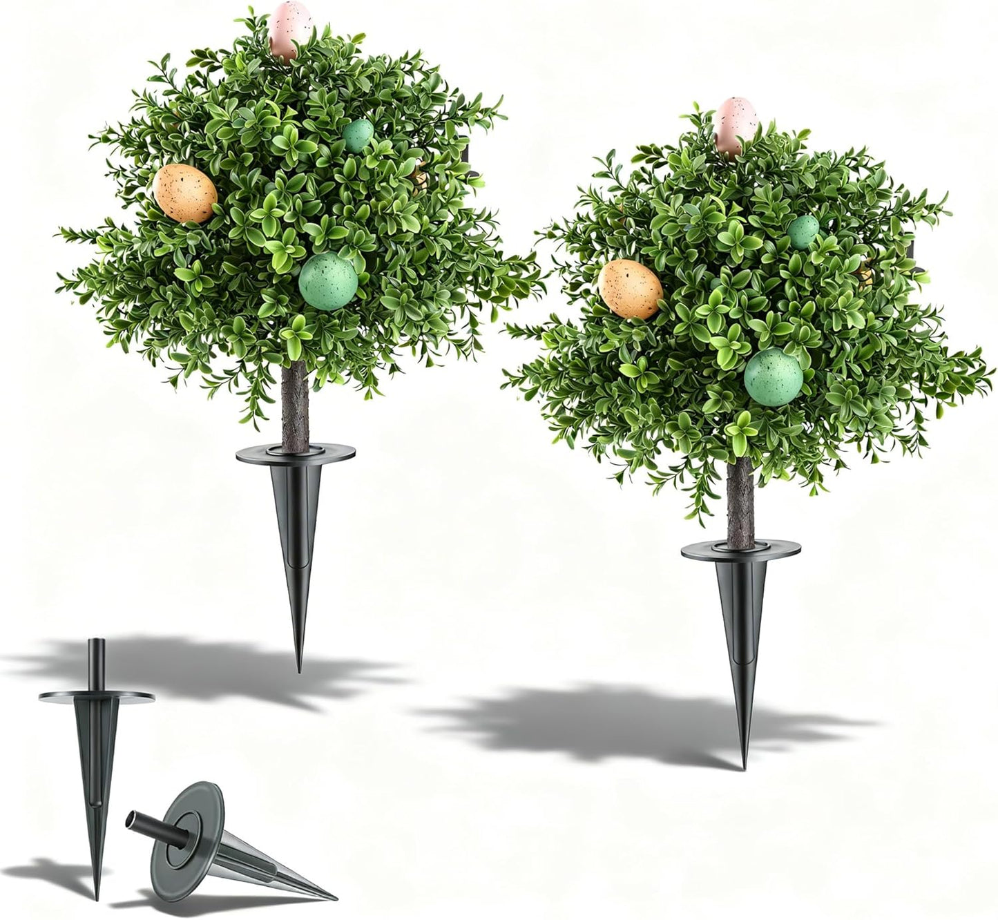 24" Easter Decorations Outdoor Tree, Set of 2 Artificial Boxwood Topiary with Easter Eggs, Stable Ground Spikes for Porch Yard Garden, UV Resistant Rainproof Faux Plants, No Tools Required