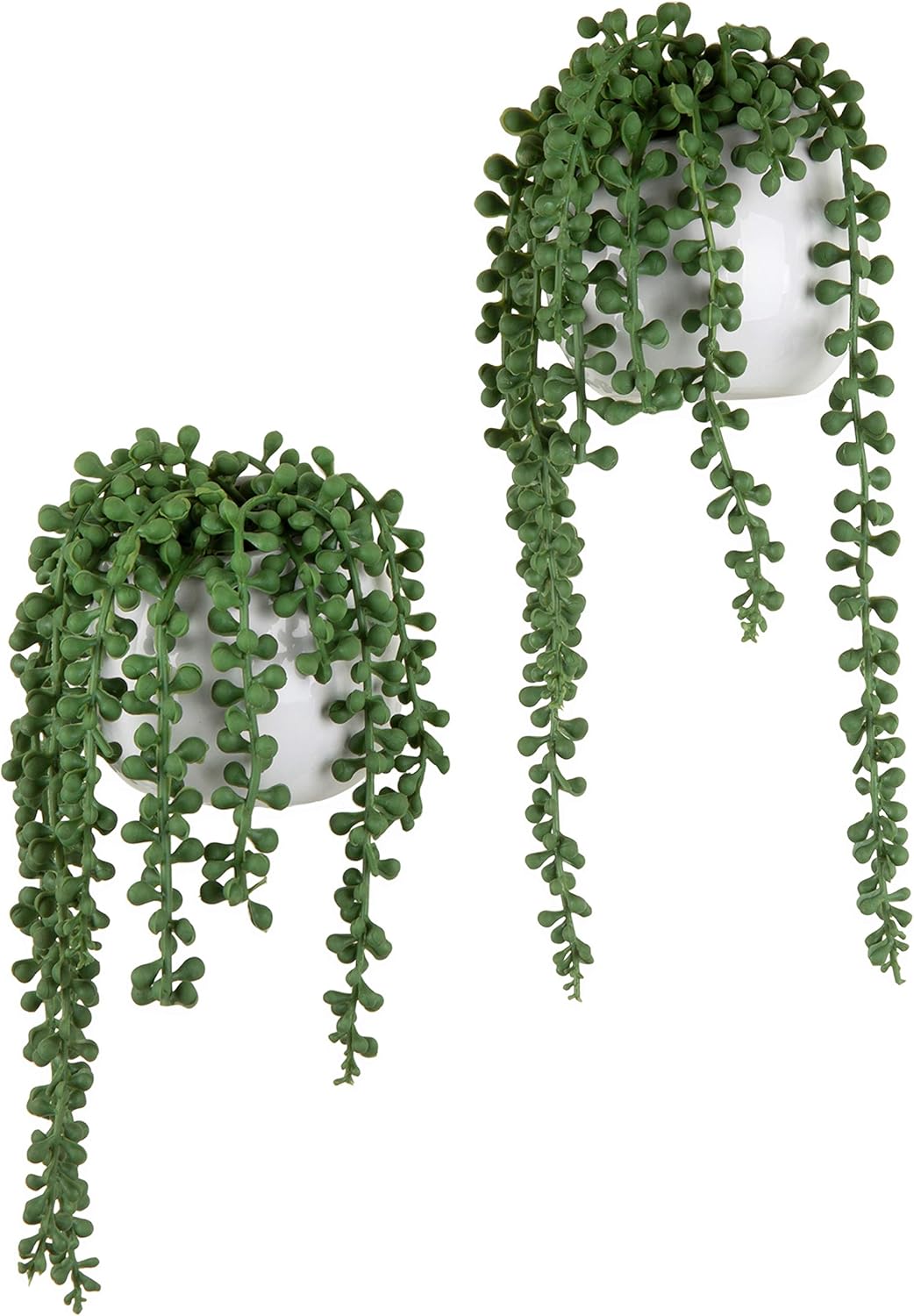 MyGift Artificial Faux String of Pearls Plants in White Ceramic Wall Hanging Planter Pot with Jute Rope, Set of 3