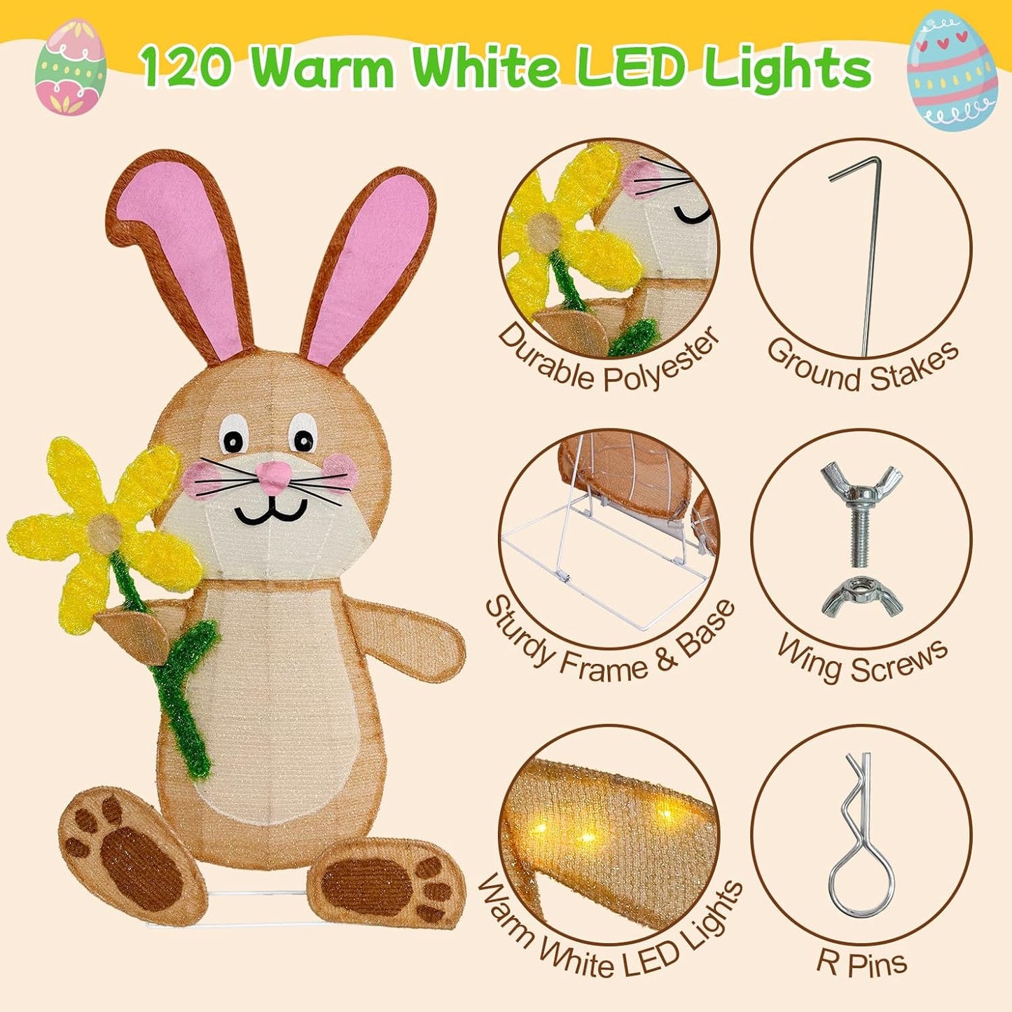 Easter Decorations Outdoor Yard Decor, Set of 2 Lighted Bunny Ornament for Porch Lawn Patio Garden, 120 LED Lights, 35 Inch, Rabbit Gifts for Women Mom, with Carrot & Blossom