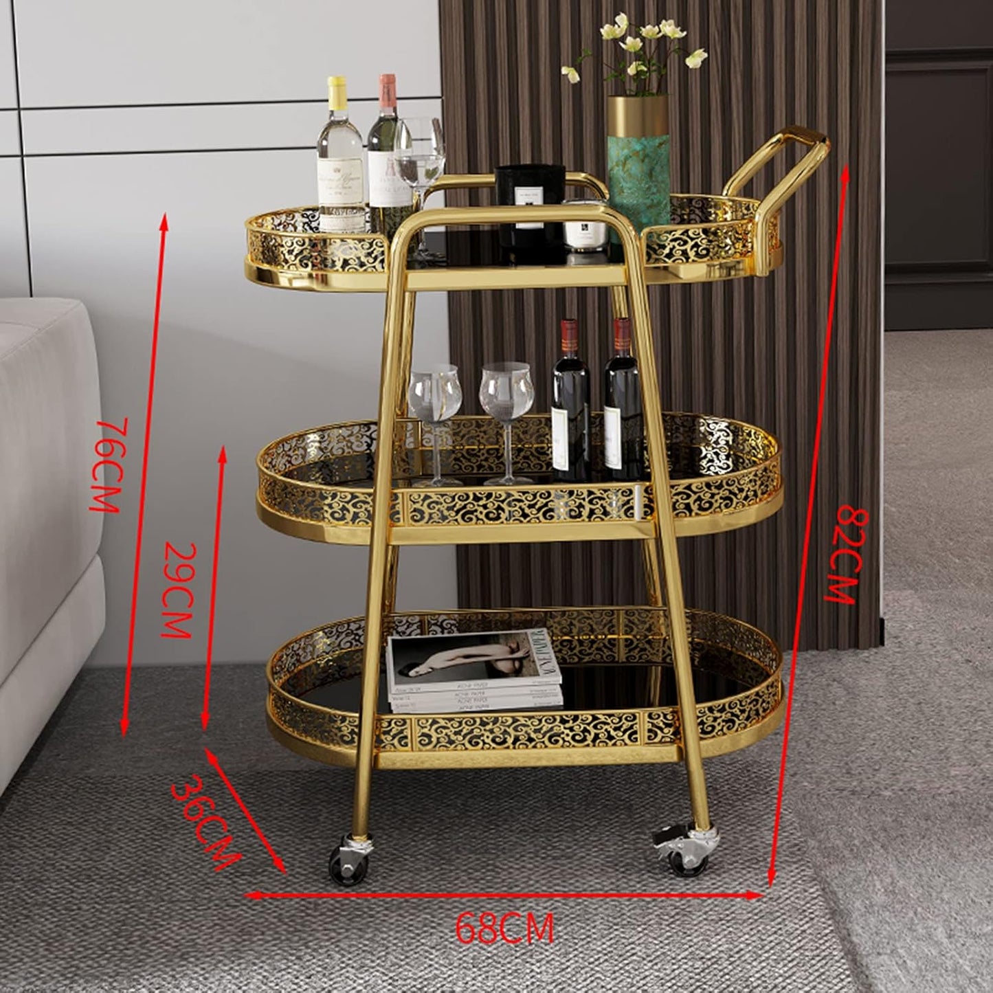 Retro Wrought Iron Kitchen Service Trolley, Household Wine Trolley and Tea Trolley, Wheeled Beauty Salon Trolley (White 3 Layers) (Golden 3 layers)