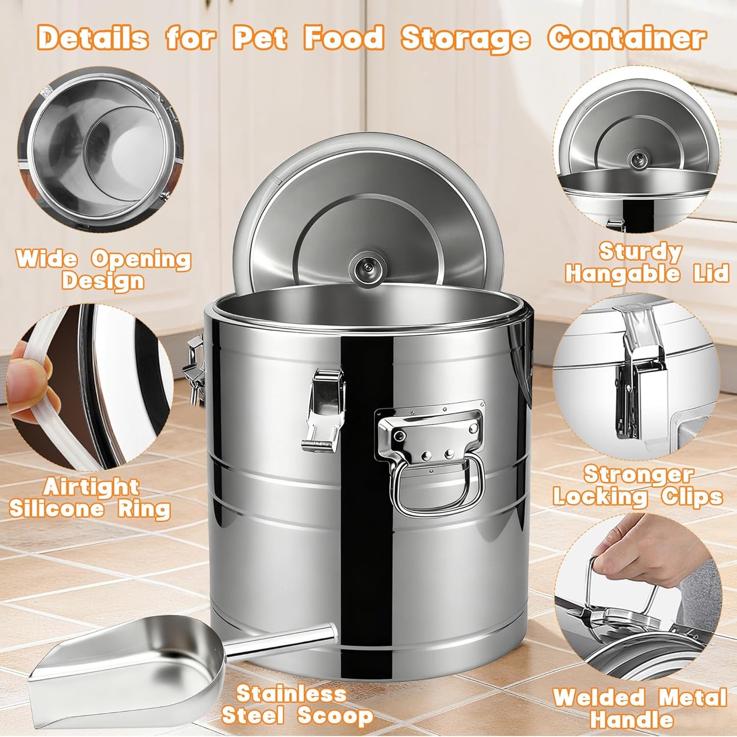 40lb Stainless Steel Dog Food Storage Container, Large Capacity Metal Pet Food Storage Container with Scoop, Airtight Dog & Cat Food Treat Bin for Dry Food Keep Fresh for Multi-Pet Households