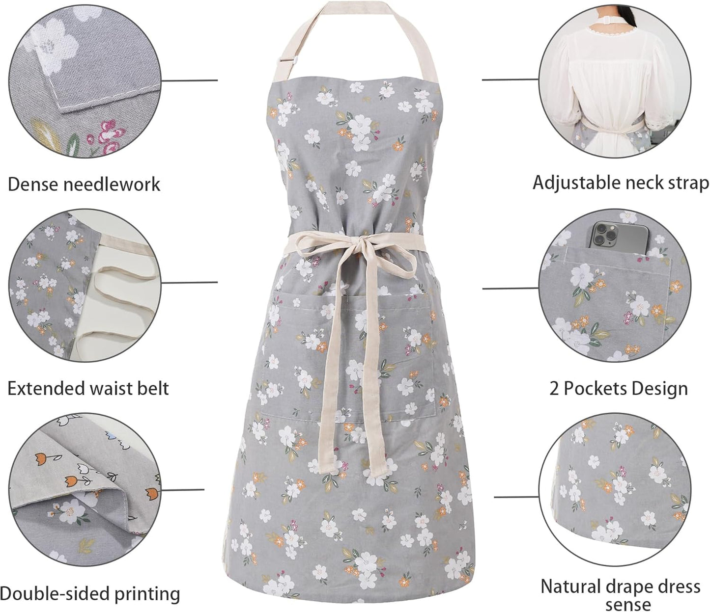Kitchen Aprons for Women with 2 Pockets,Double Sided Vintage Adjustabl