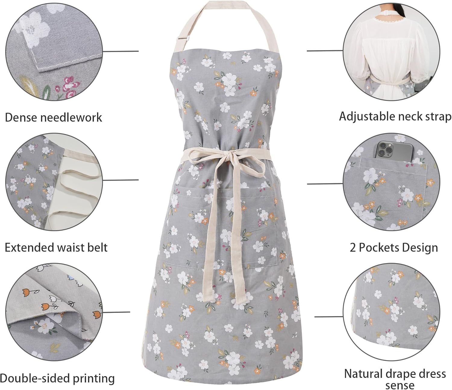 Kitchen Aprons for Women with 2 Pockets,Double Sided Vintage Adjustabl