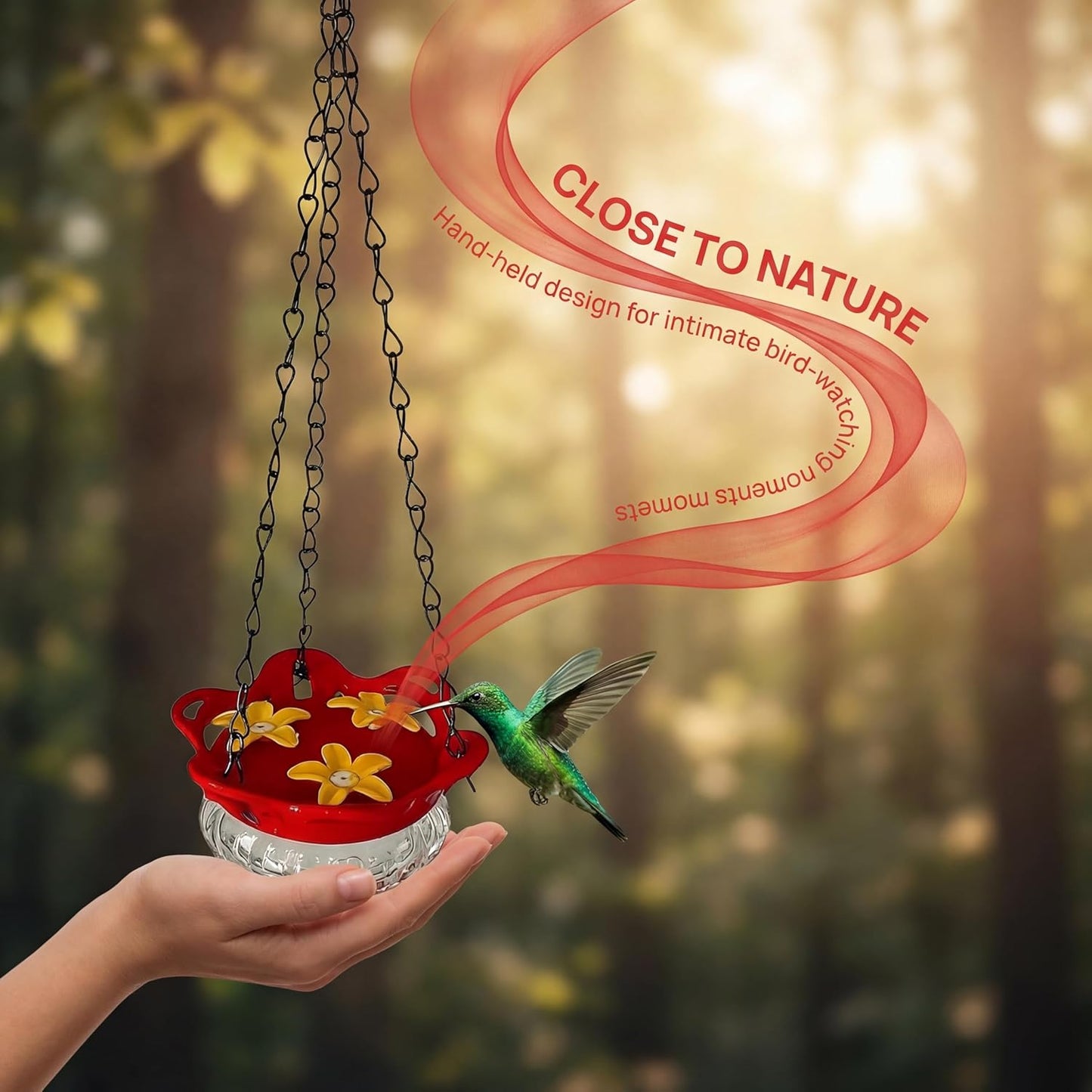 Glass Hummingbird Feeder for Outdoors, 3.4OZ Handheld Top Fill Hanging Humming Bird Nectar Feeders 3 Bee Flower Feeding Ports, Chain & S Hook, Outsides Backyard Decor, Clean, 1 Pack