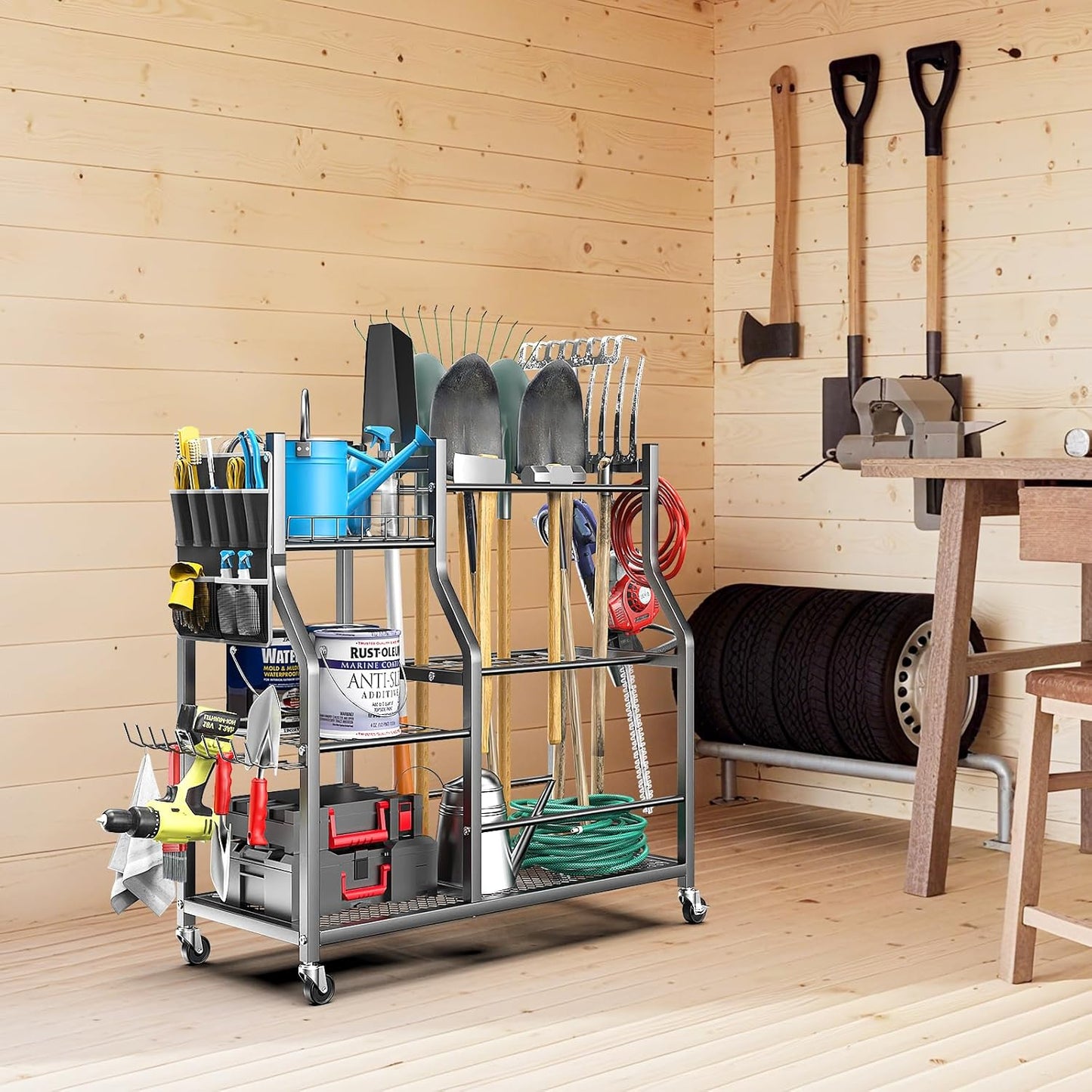 36" Large Garden Tool Organizer with Wheels & Side Tool Bag, 3 Tier Rolling Garage Storage Rack for Long Handled Rakes, Shovels, Brooms, Freestanding Yard Tools Cart for Shed & Outdoors