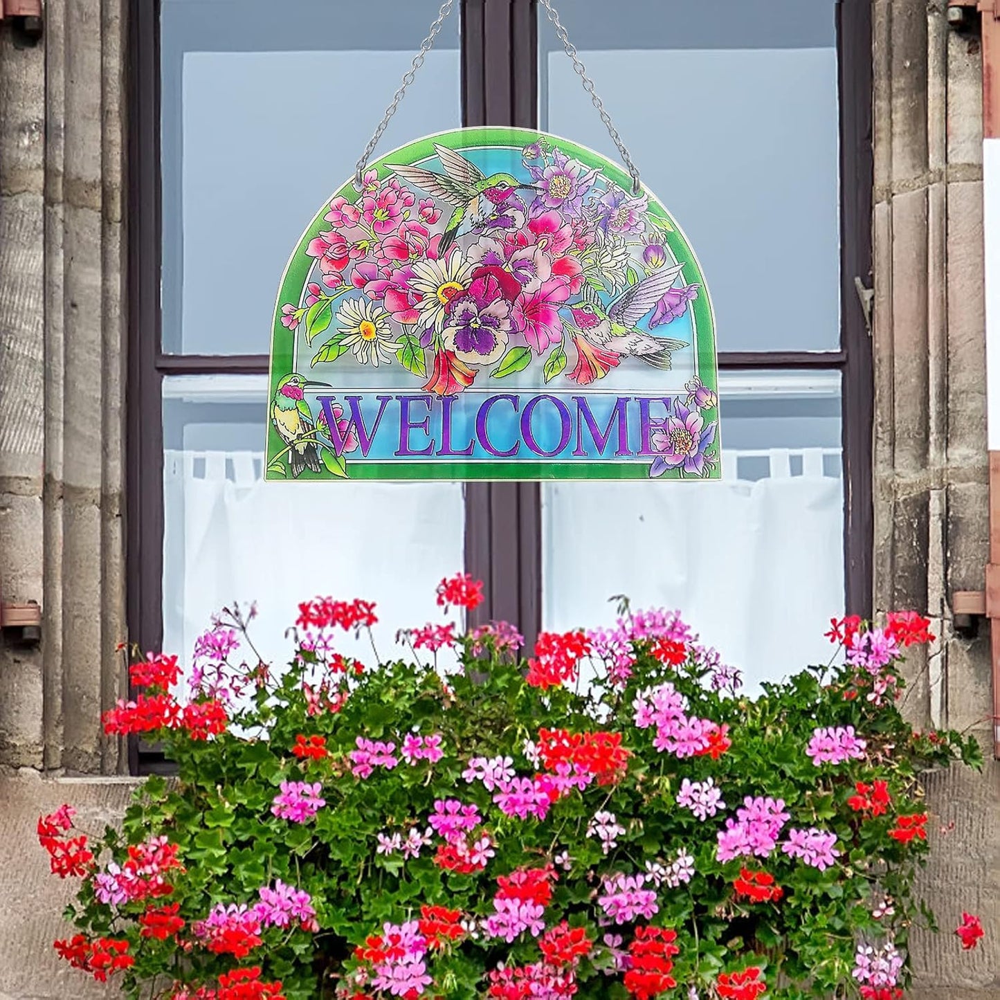 Hummingbird Stained Glass Suncatchers - Welcome Hummingbird Suncatcher, Vibrant Flowers Window Hanging, 7.8''*6.5'', Stained Glass Birds with Suction Cup, Mom Gift