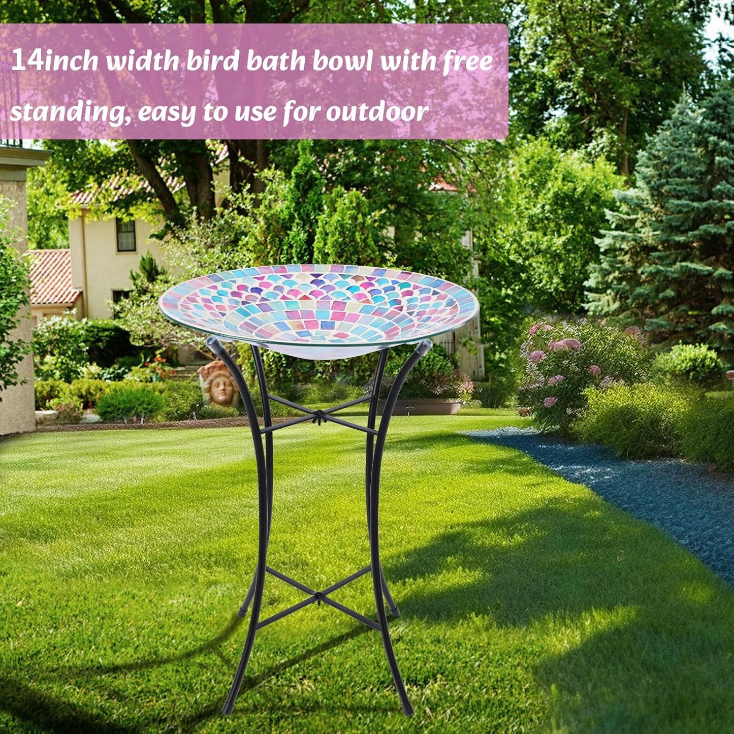 MUMTOP Mosaic Glass Bird Baths, 14 Inch Width Outdoor Garden Bird Bath Bowl with Metal Stand, Unique Glass Birdbaths Bird Feeder for Yard Decor, 19.68 Inch Height