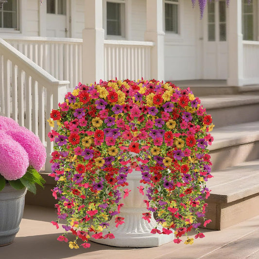 4PCS Artificial Hanging Flowers for Outdoors Summer Decoration, Upgrade UV Resistant Faux Silk Hanging Plants for Outside Home Planter Porch Patio Decor (Multicolour)