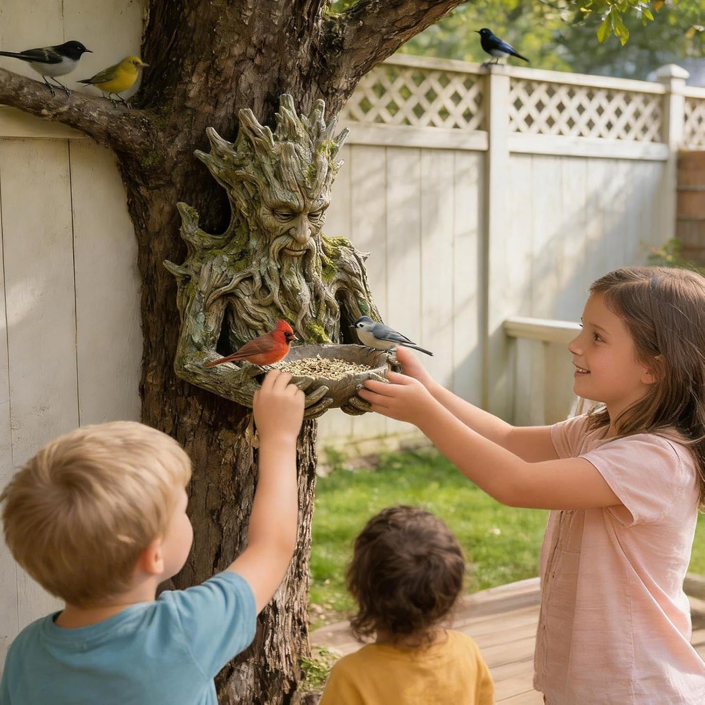 Garden Statue - Sparrow Feeding Station, Artistic Bird Feeder, Sculpted Outdoor Ornament, Wild Winged Creature Supply, Top Performance Yard Decor, Large Size Backyard Patio Porch Stone Finish