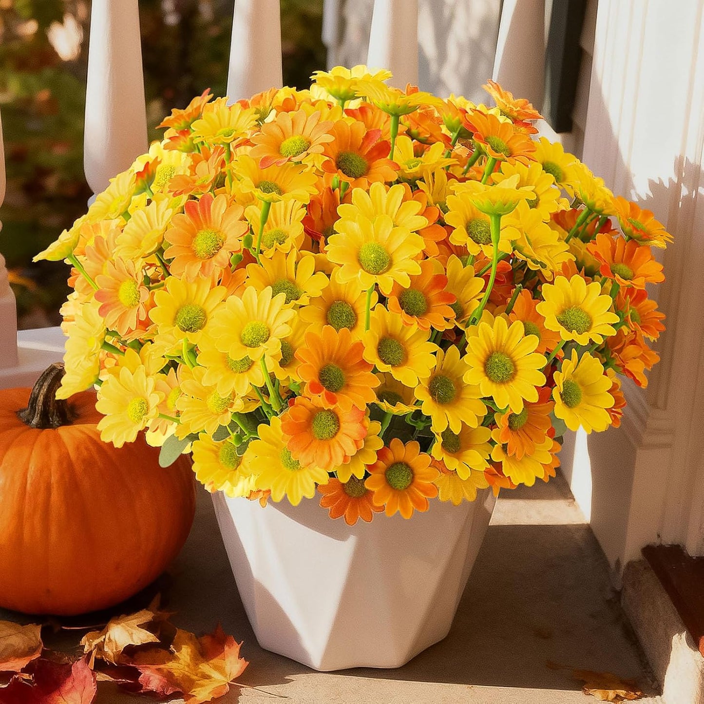Daisy Artificial Fake Flowers Plants for Outdoor Outside Fall Decor, 6 Bundles Fake Mums UV Resistant Look Real for Planter Pot Porch Patio Balcony Garden Yard (Orange Yellow)